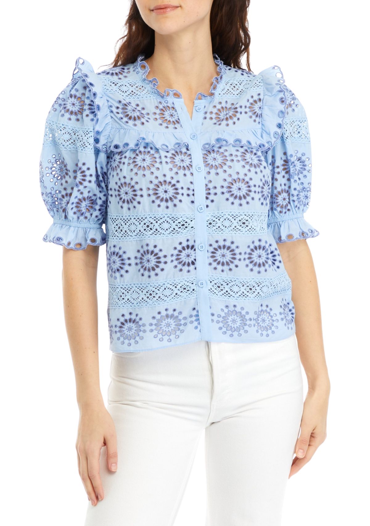 Womens Short Sleeve Eyelet Button Front Top