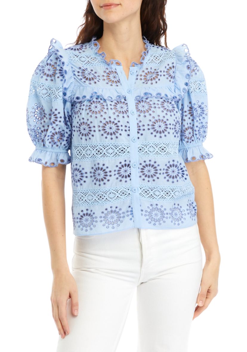 Womens Short Sleeve Eyelet Button Front Top