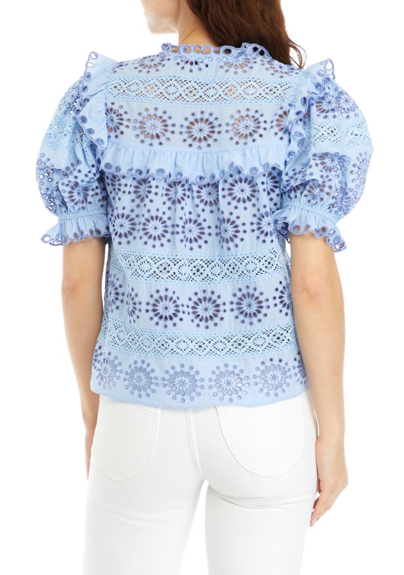 Womens Short Sleeve Eyelet Button Front Top