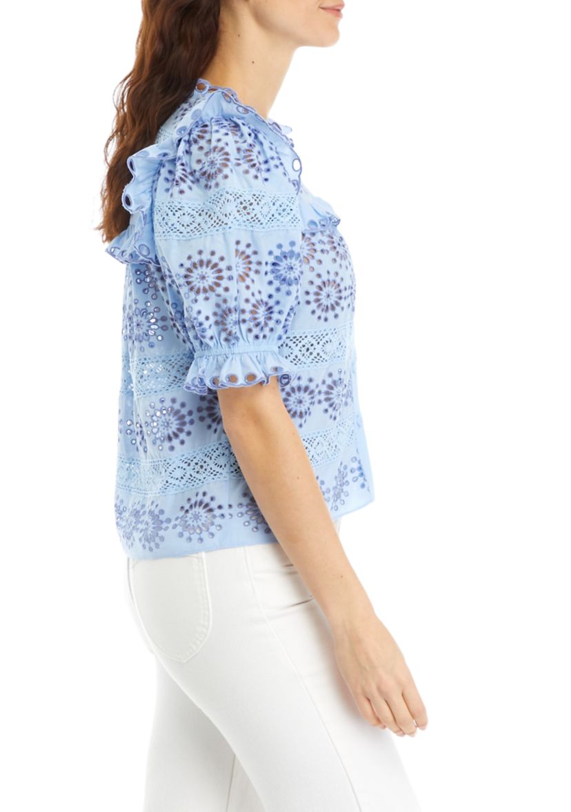 Womens Short Sleeve Eyelet Button Front Top