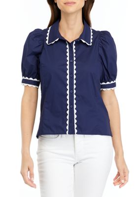 Short Sleeve Ric Rac Button Front Top