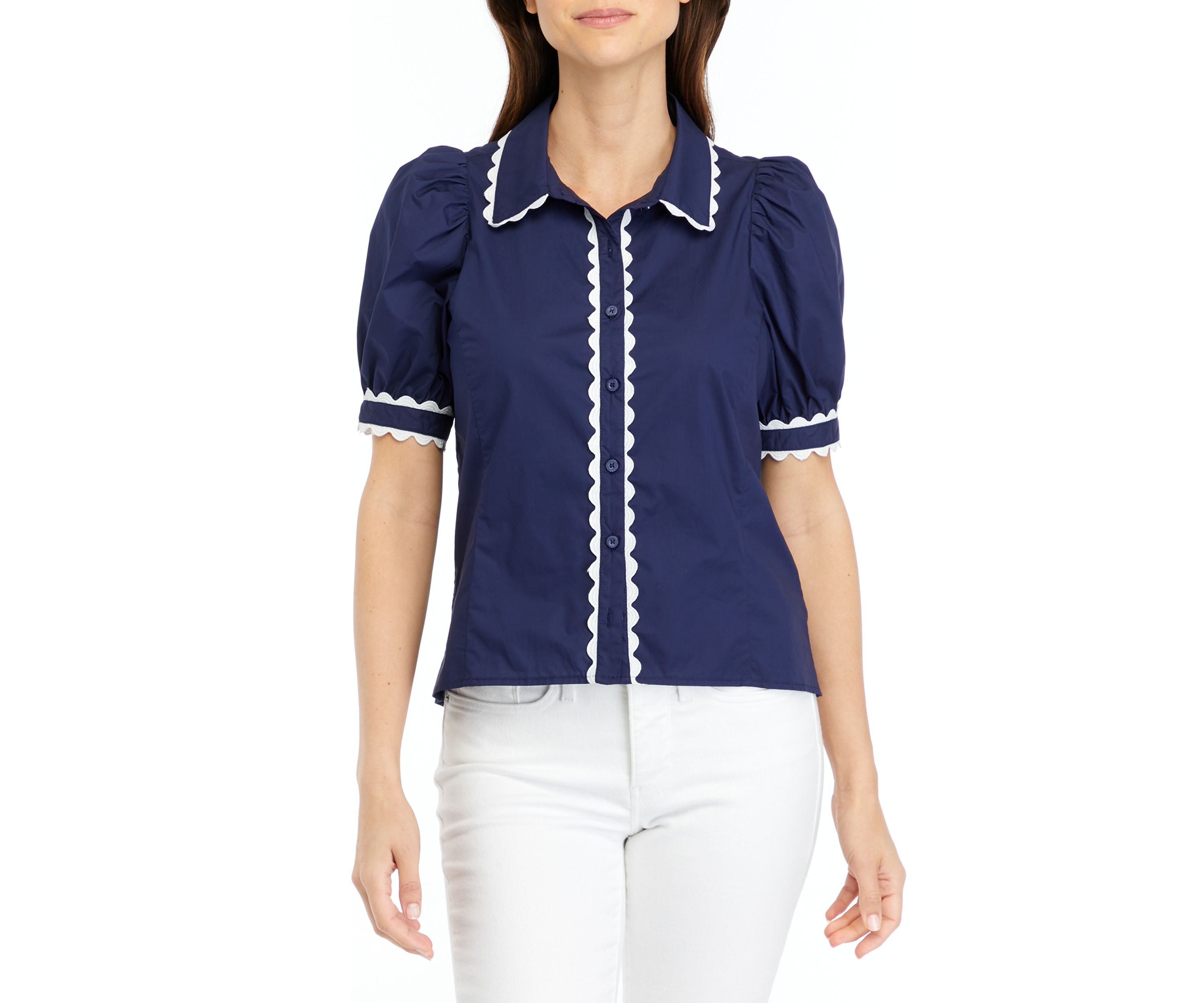 Short Sleeve Ric Rac Button Front Top 