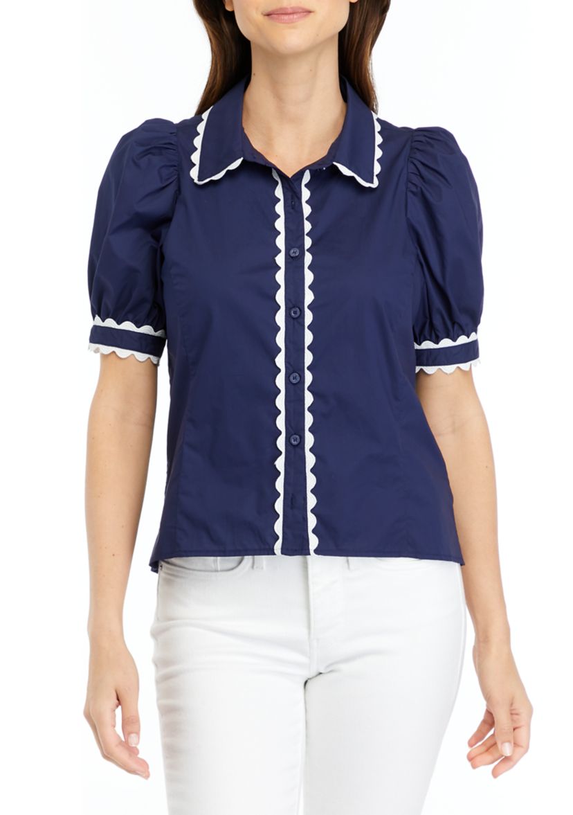 Short Sleeve Ric Rac Button Front Top 
