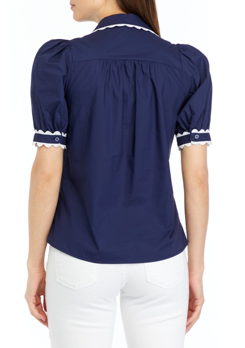 Short Sleeve Ric Rac Button Front Top 