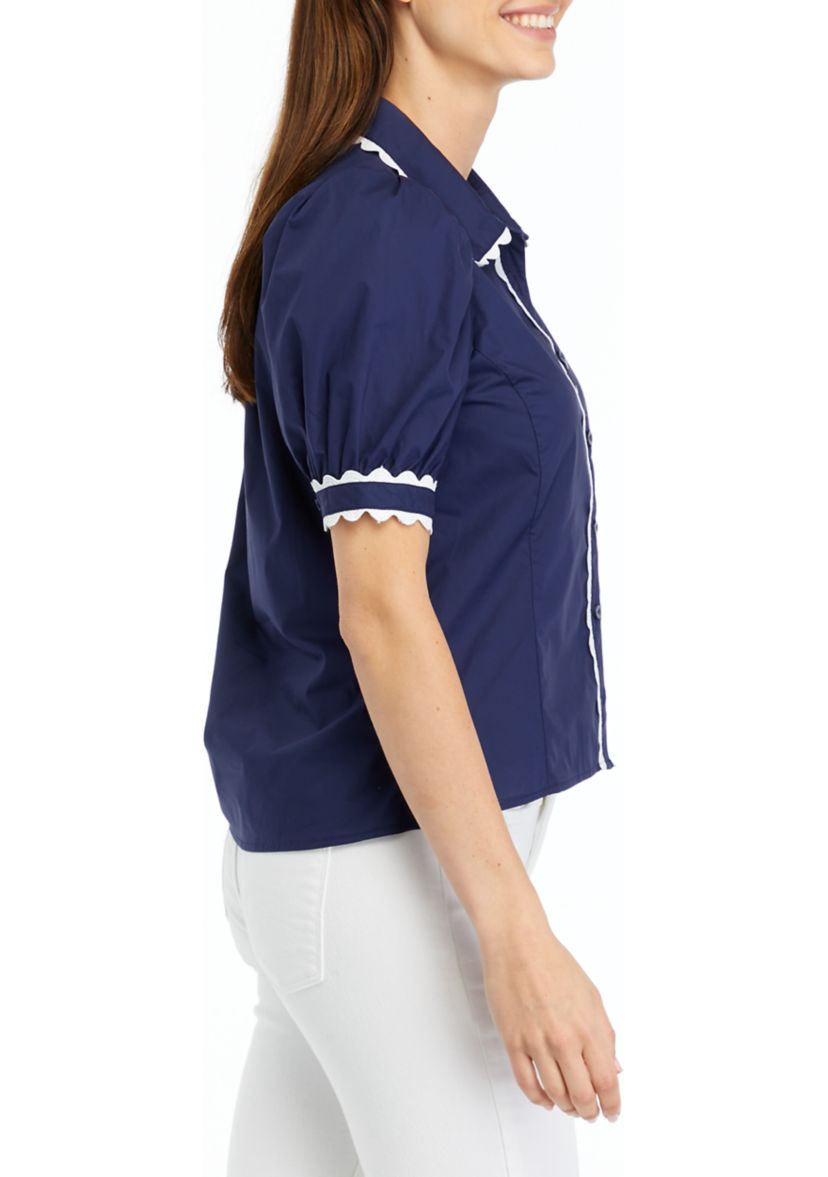 Short Sleeve Ric Rac Button Front Top 