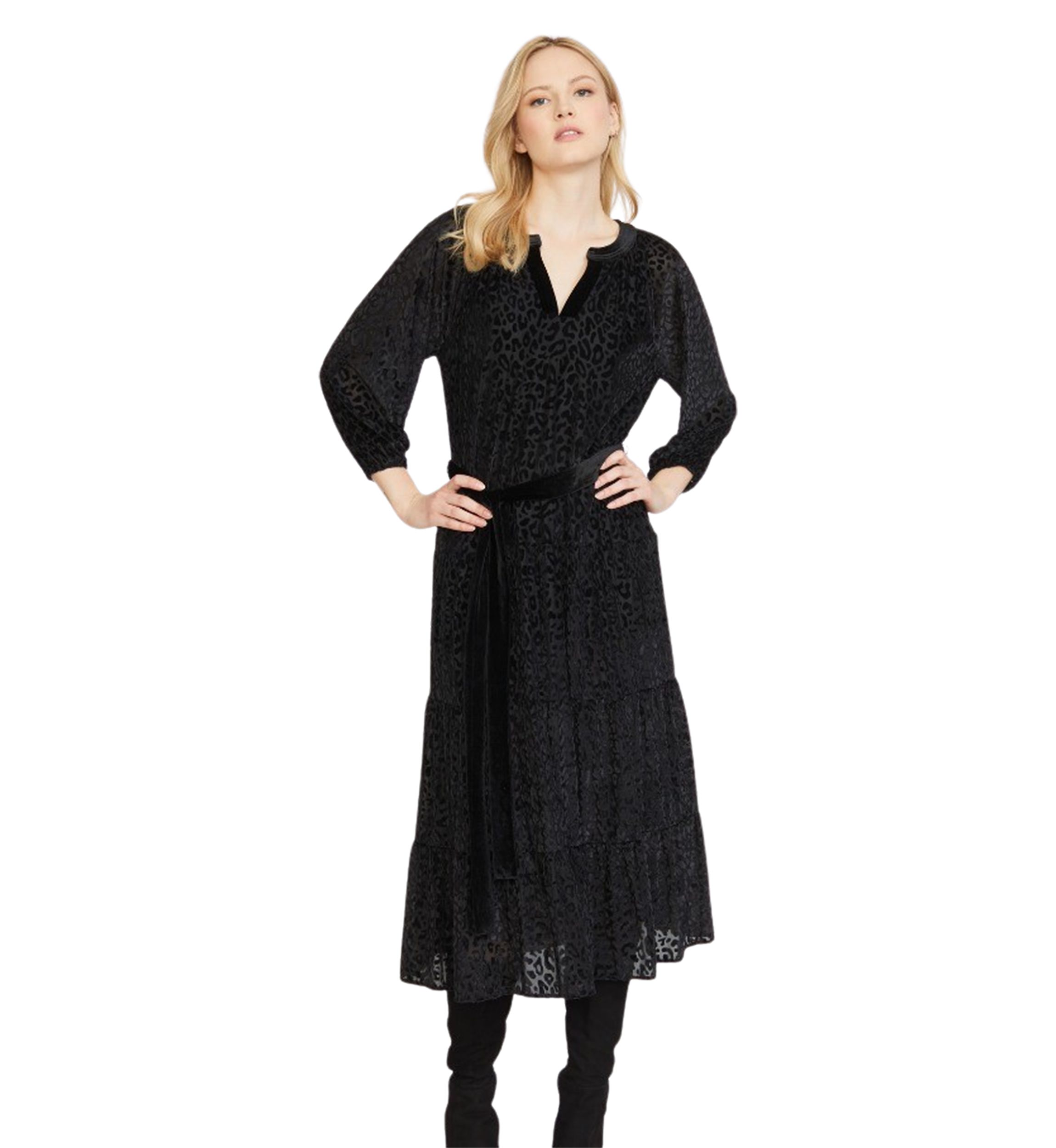 Womens Split Neck Tiered Burnout Midi Dress