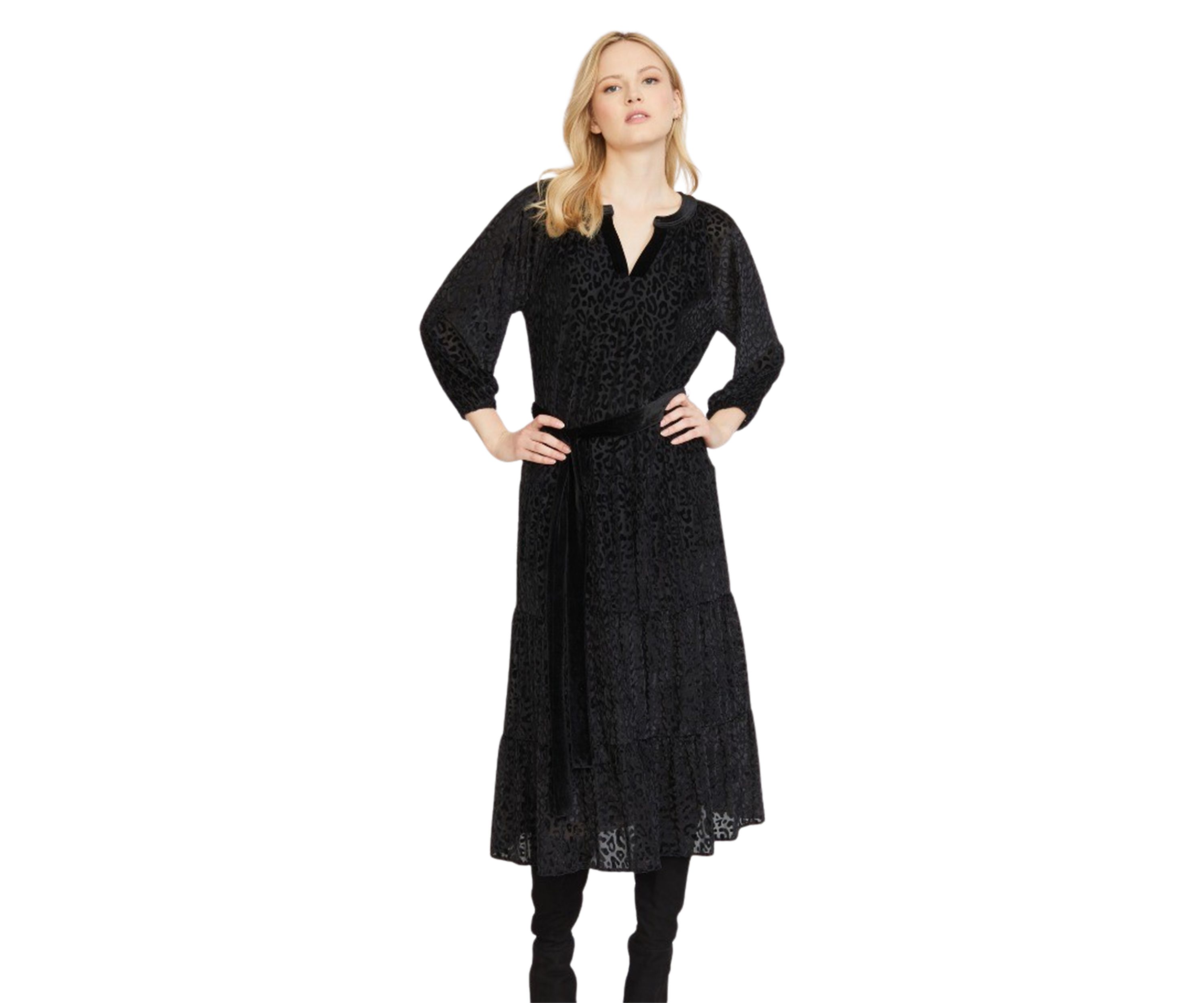 Womens Split Neck Tiered Burnout Midi Dress