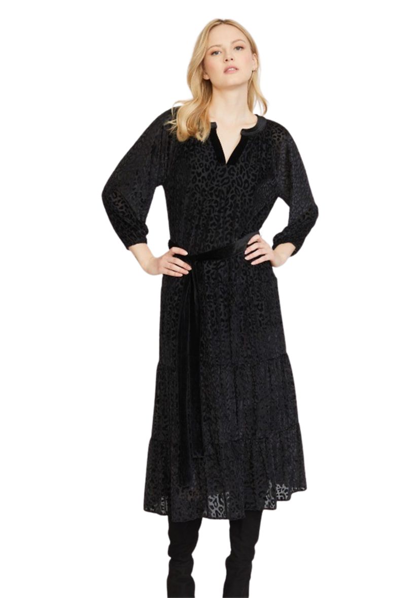 Womens Split Neck Tiered Burnout Midi Dress