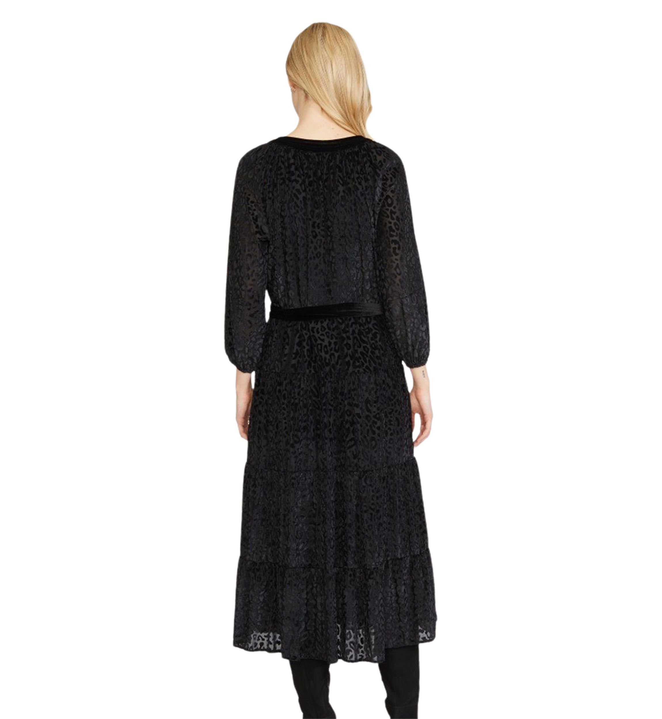 Womens Split Neck Tiered Burnout Midi Dress