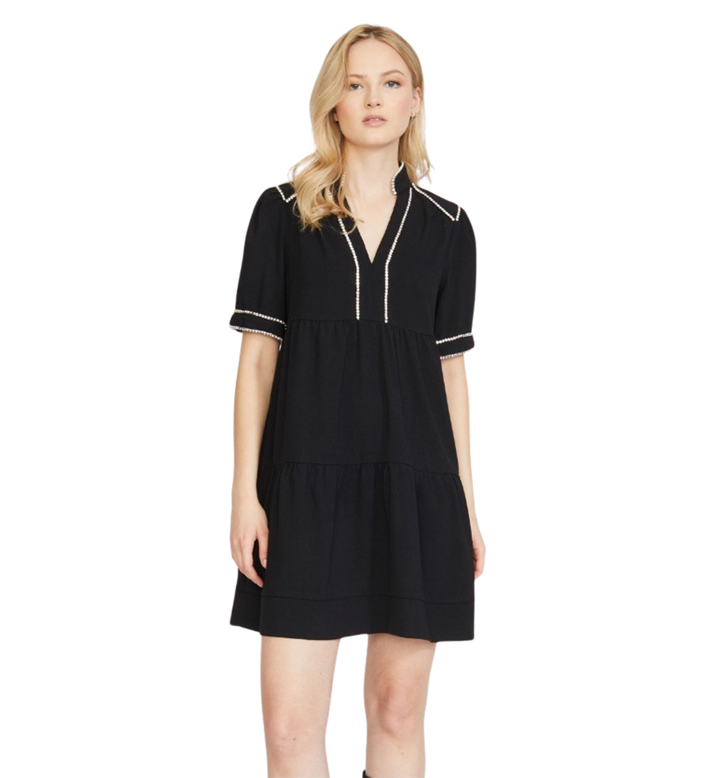 Womens Short Sleeve Tiered Dress with Diamond Trim