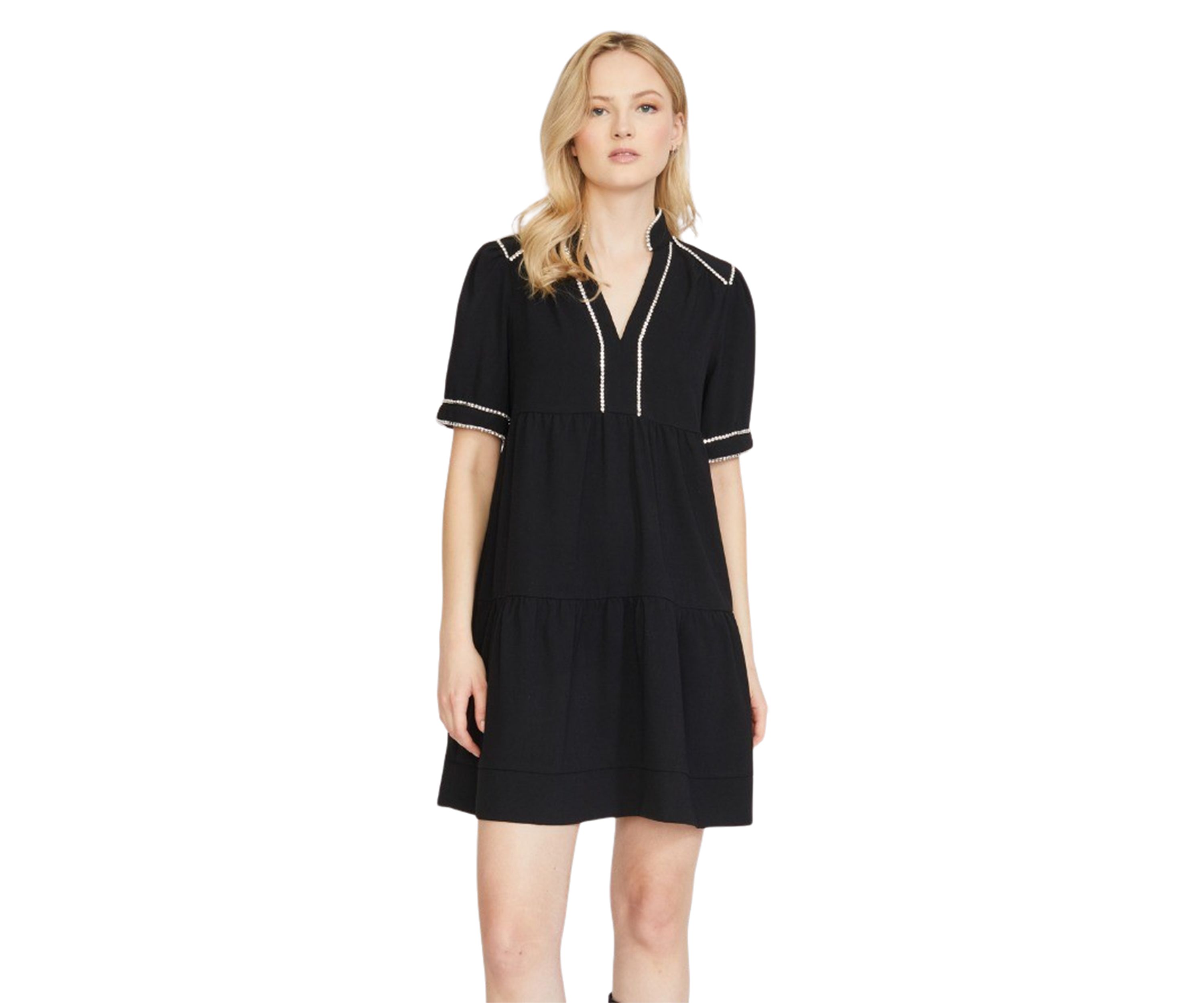 Womens Short Sleeve Tiered Dress with Diamond Trim