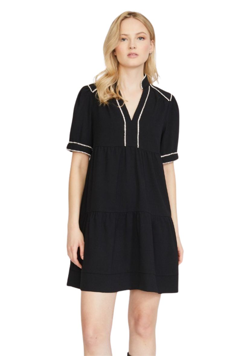 Womens Short Sleeve Tiered Dress with Diamond Trim