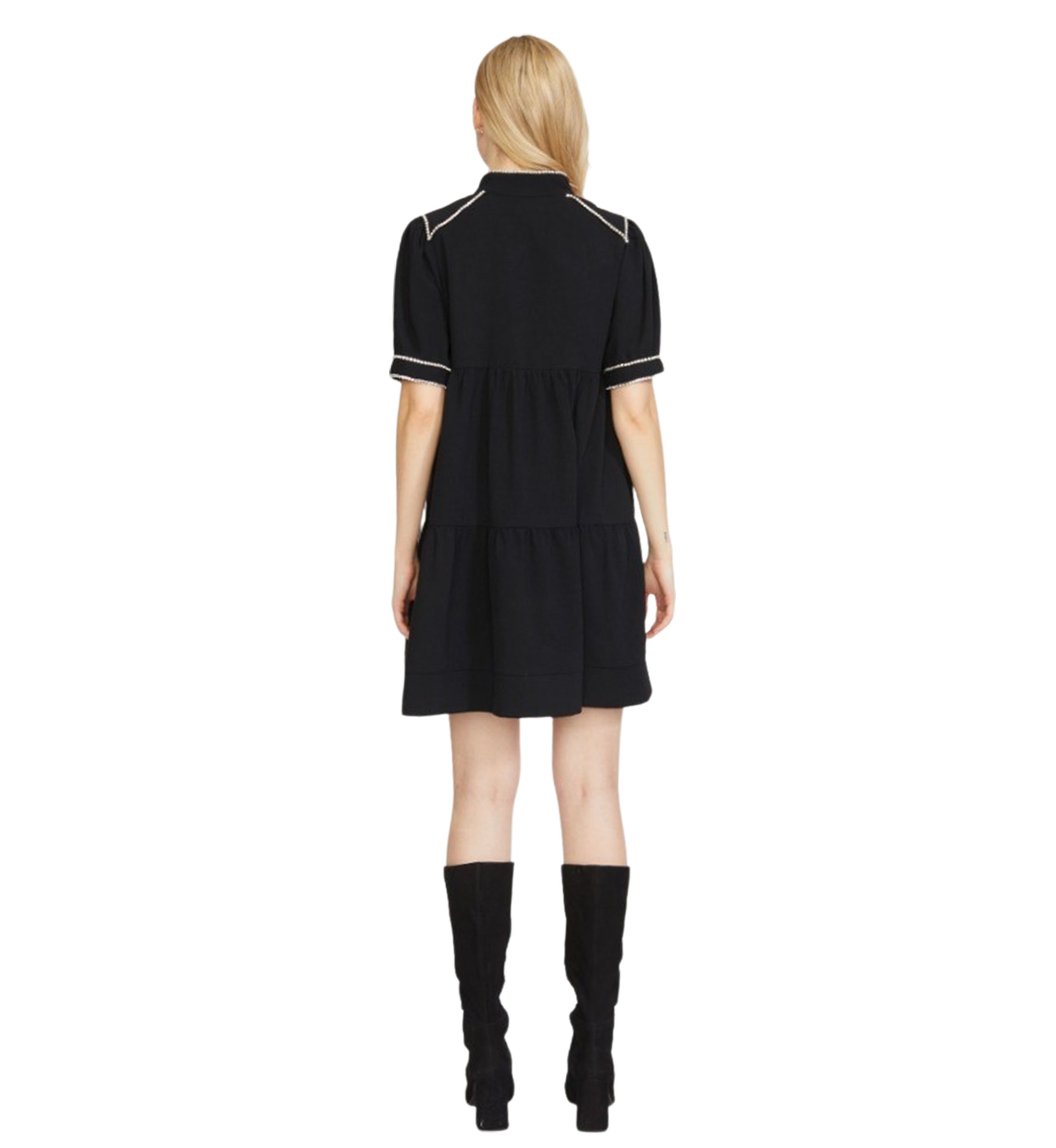 Womens Short Sleeve Tiered Dress with Diamond Trim