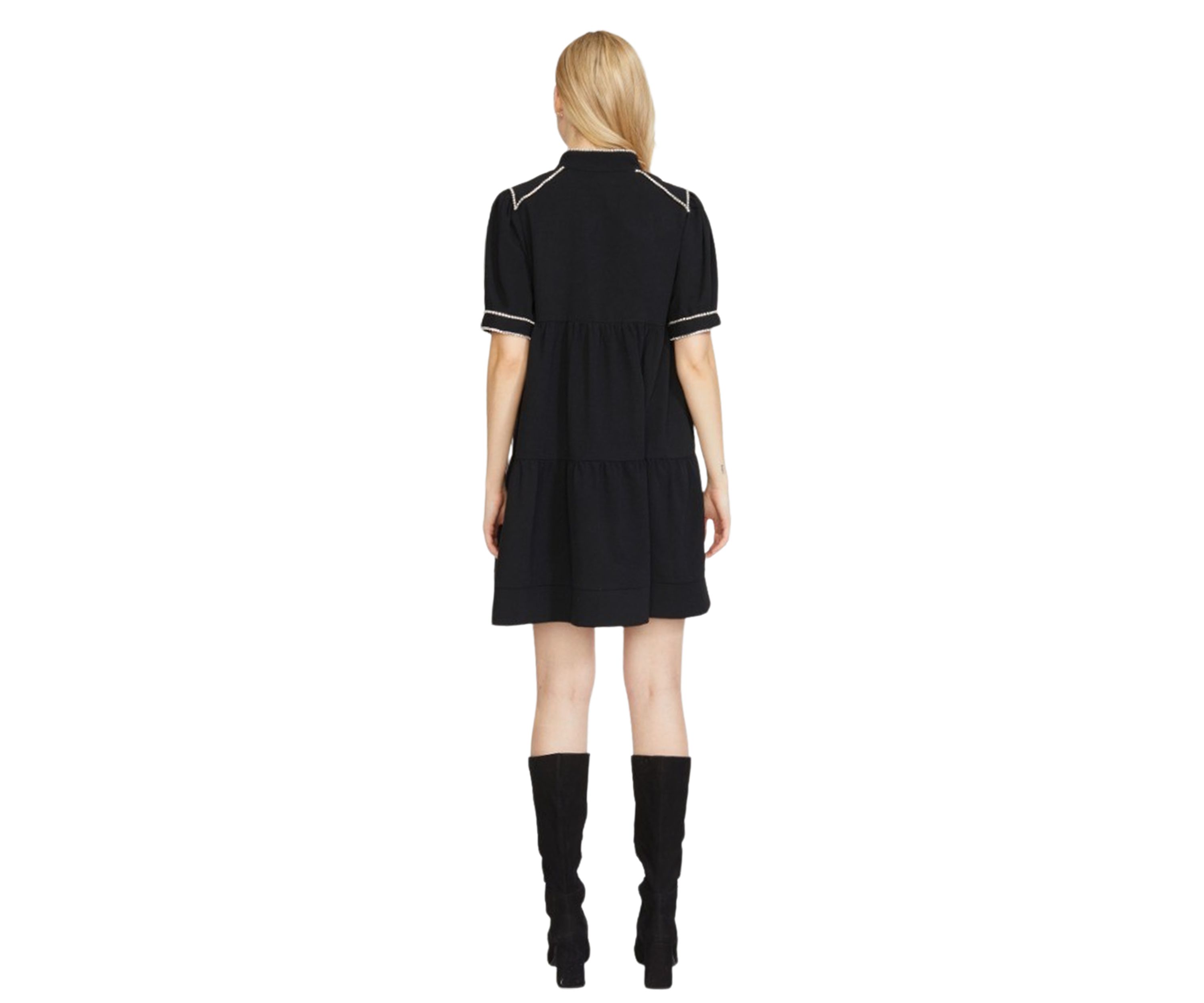 Womens Short Sleeve Tiered Dress with Diamond Trim