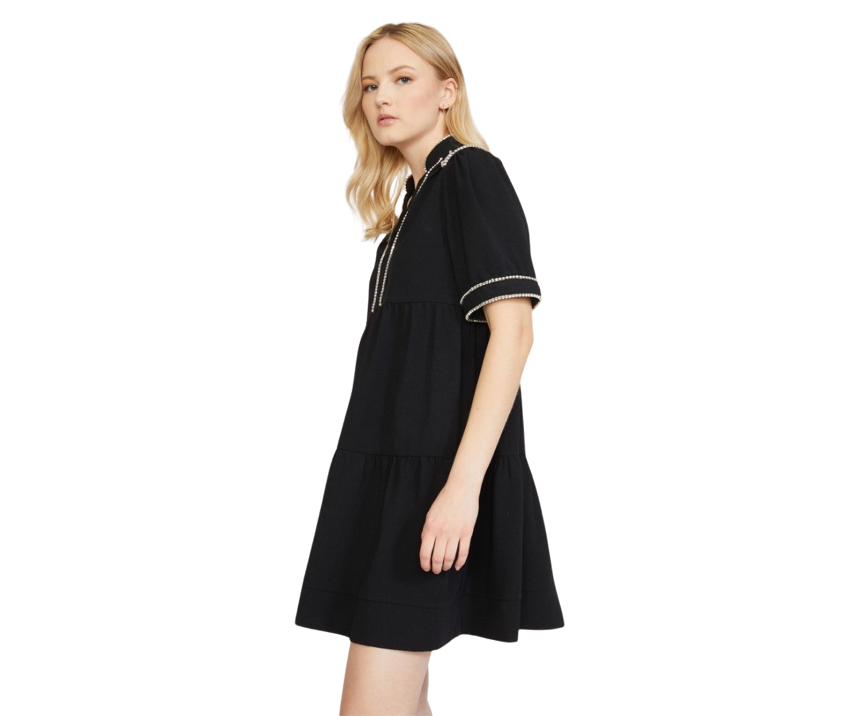 Womens Short Sleeve Tiered Dress with Diamond Trim