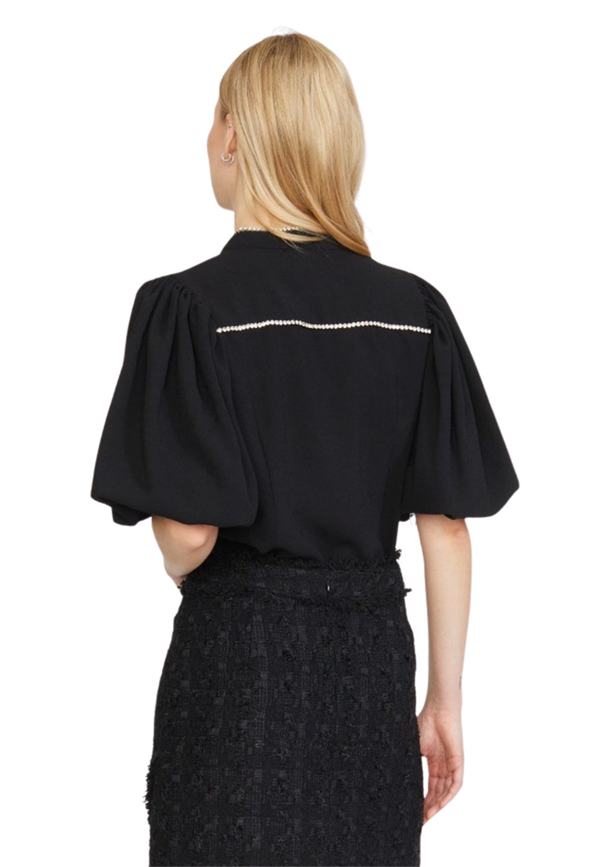 Womens Balloon Sleeve Diamond Trim Blouse