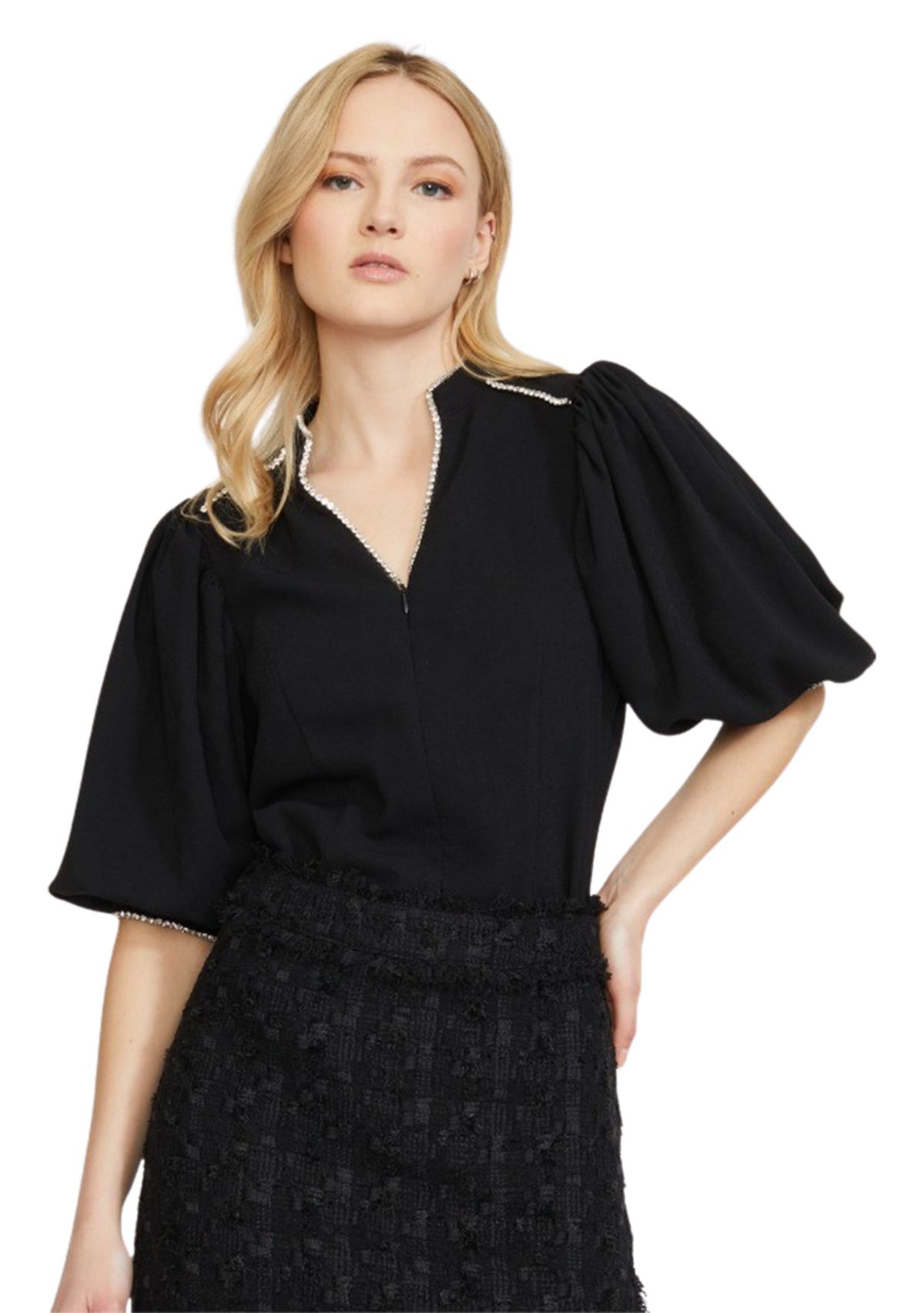 Womens Balloon Sleeve Diamond Trim Blouse