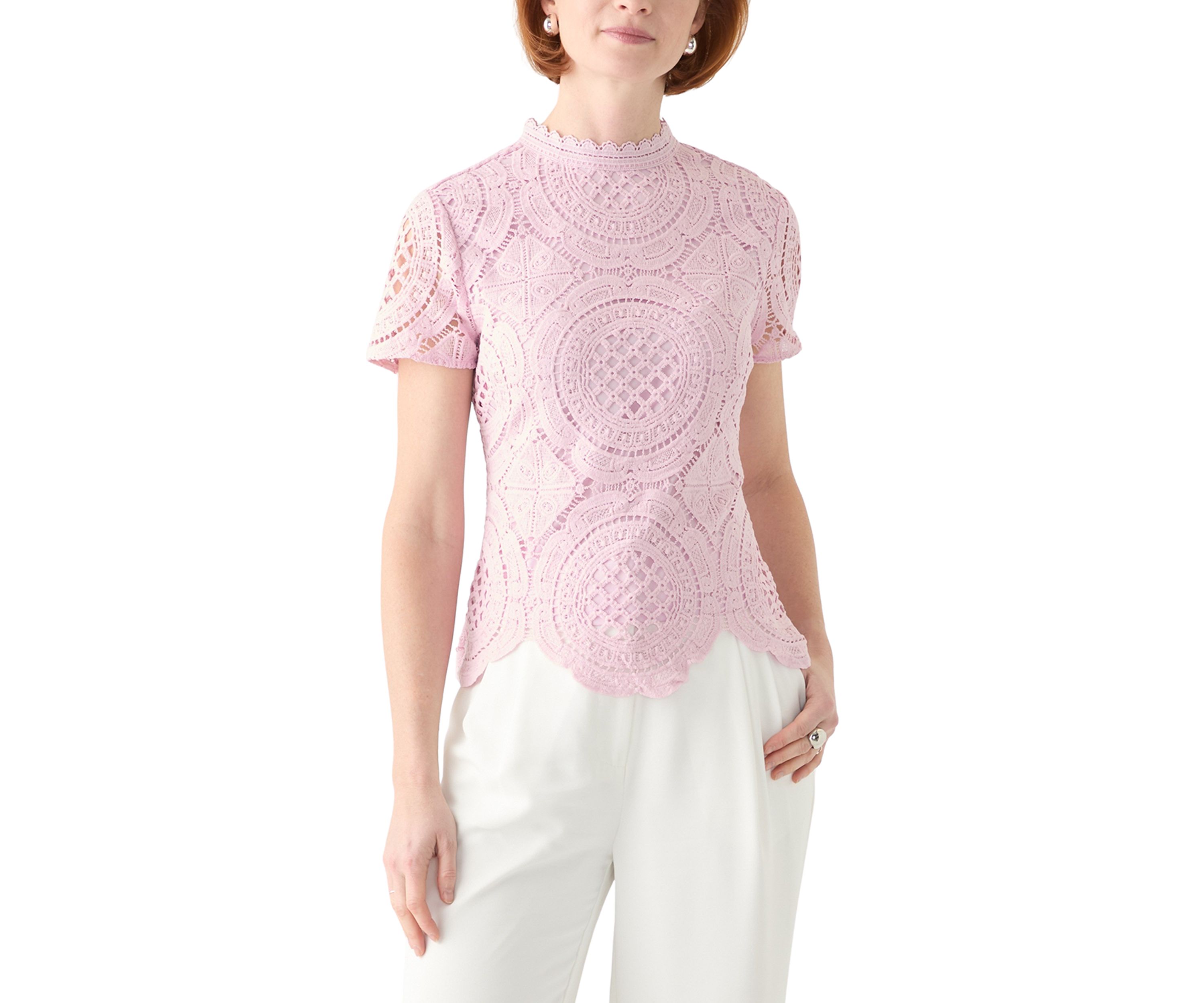 Womens Short Sleeve Mock Neck Crochet Top 