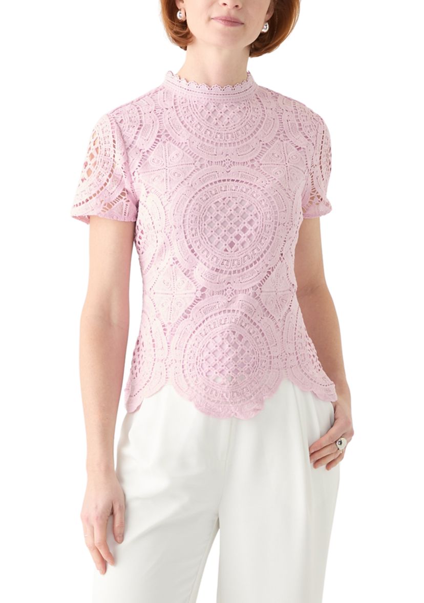 Womens Short Sleeve Mock Neck Crochet Top 