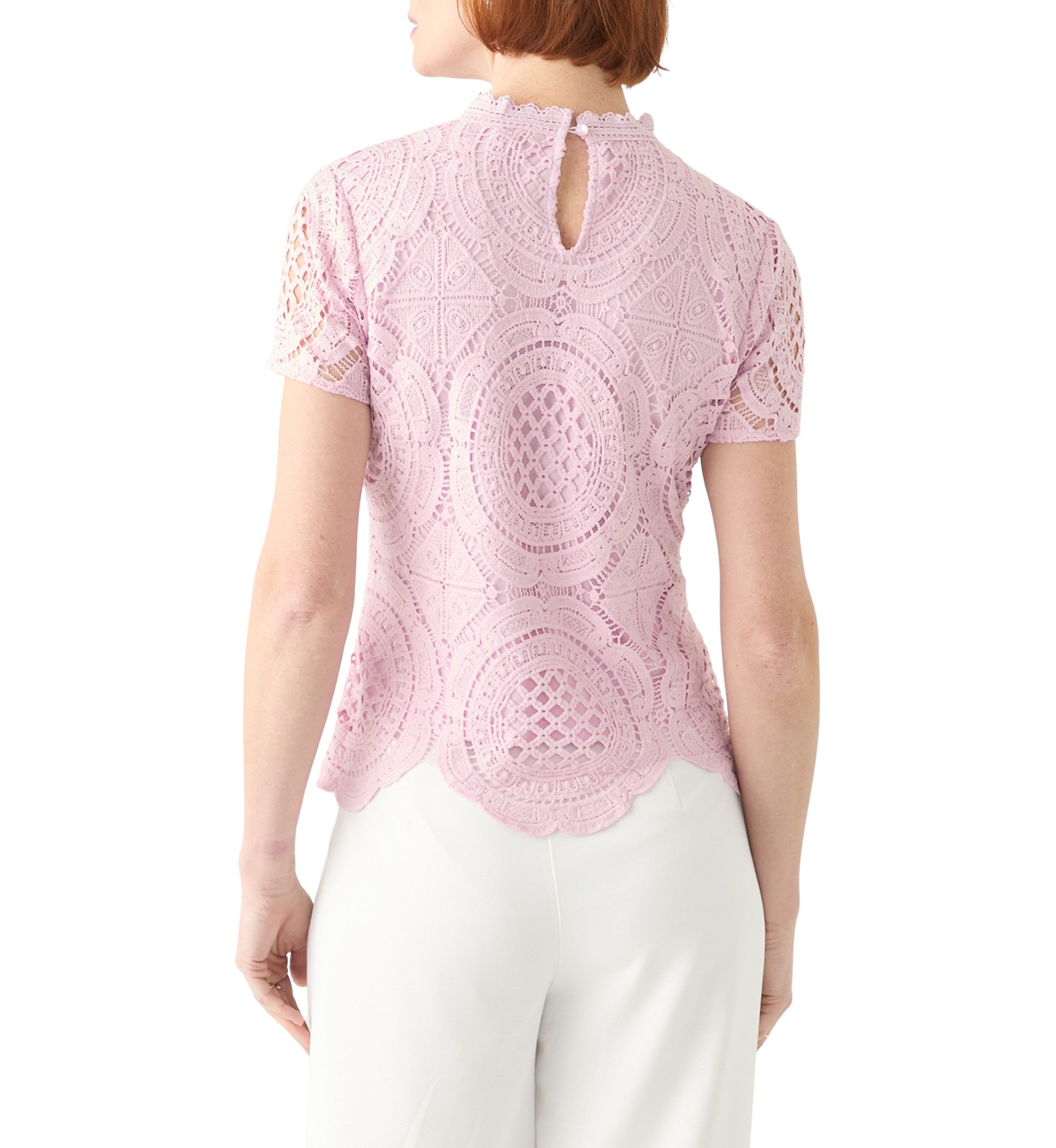 Womens Short Sleeve Mock Neck Crochet Top 