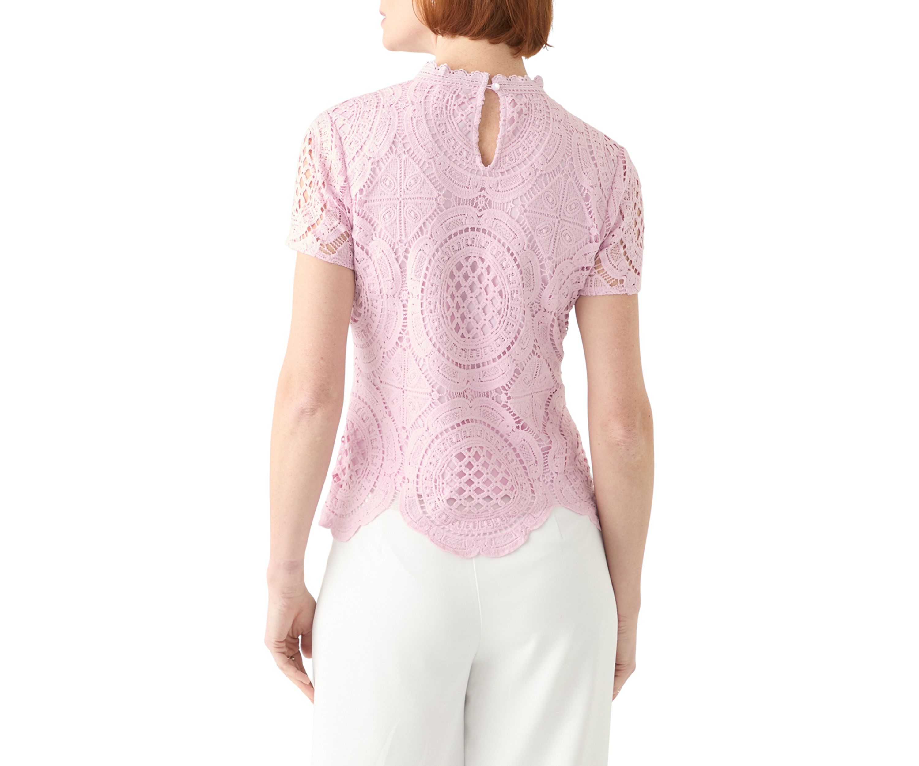 Womens Short Sleeve Mock Neck Crochet Top 