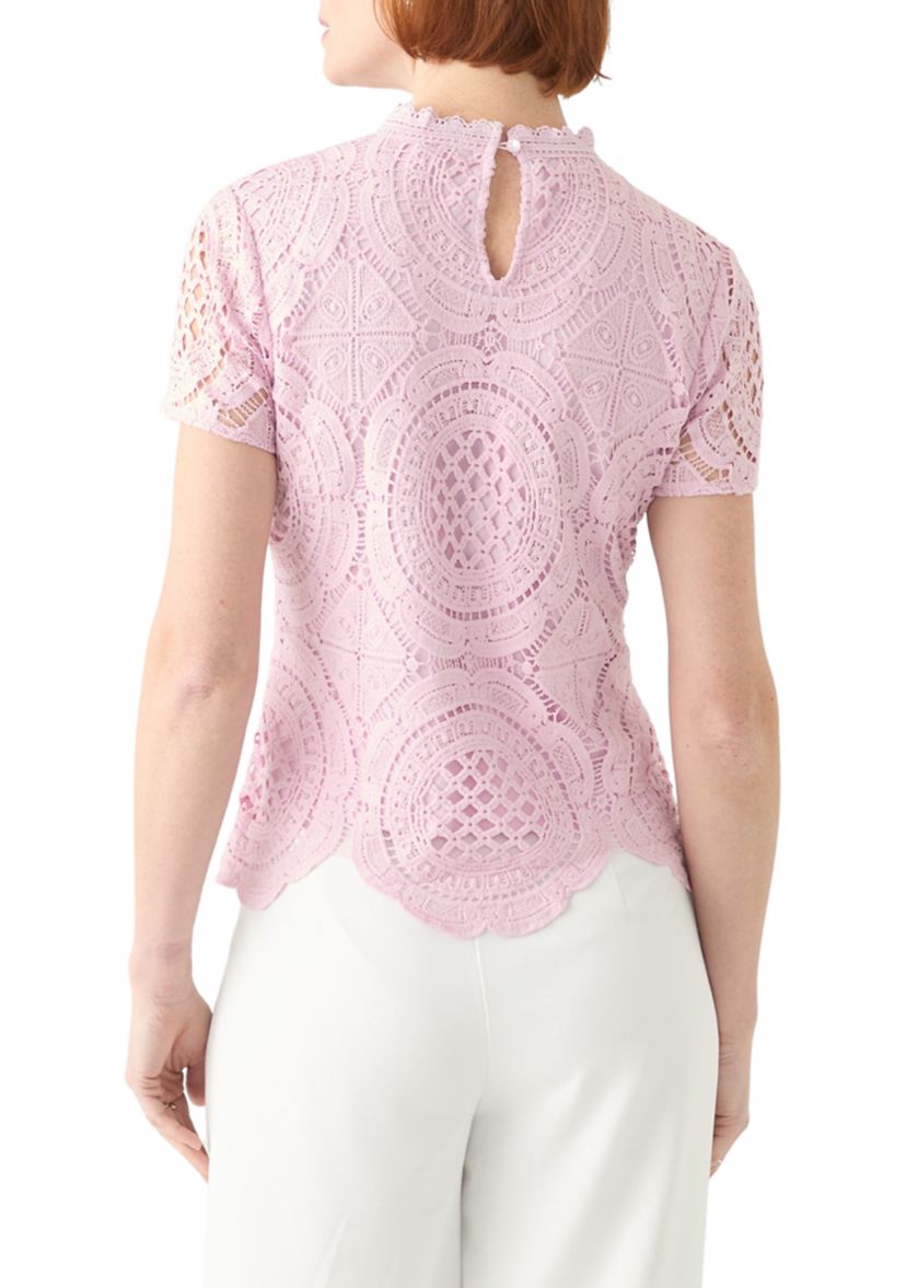 Womens Short Sleeve Mock Neck Crochet Top 