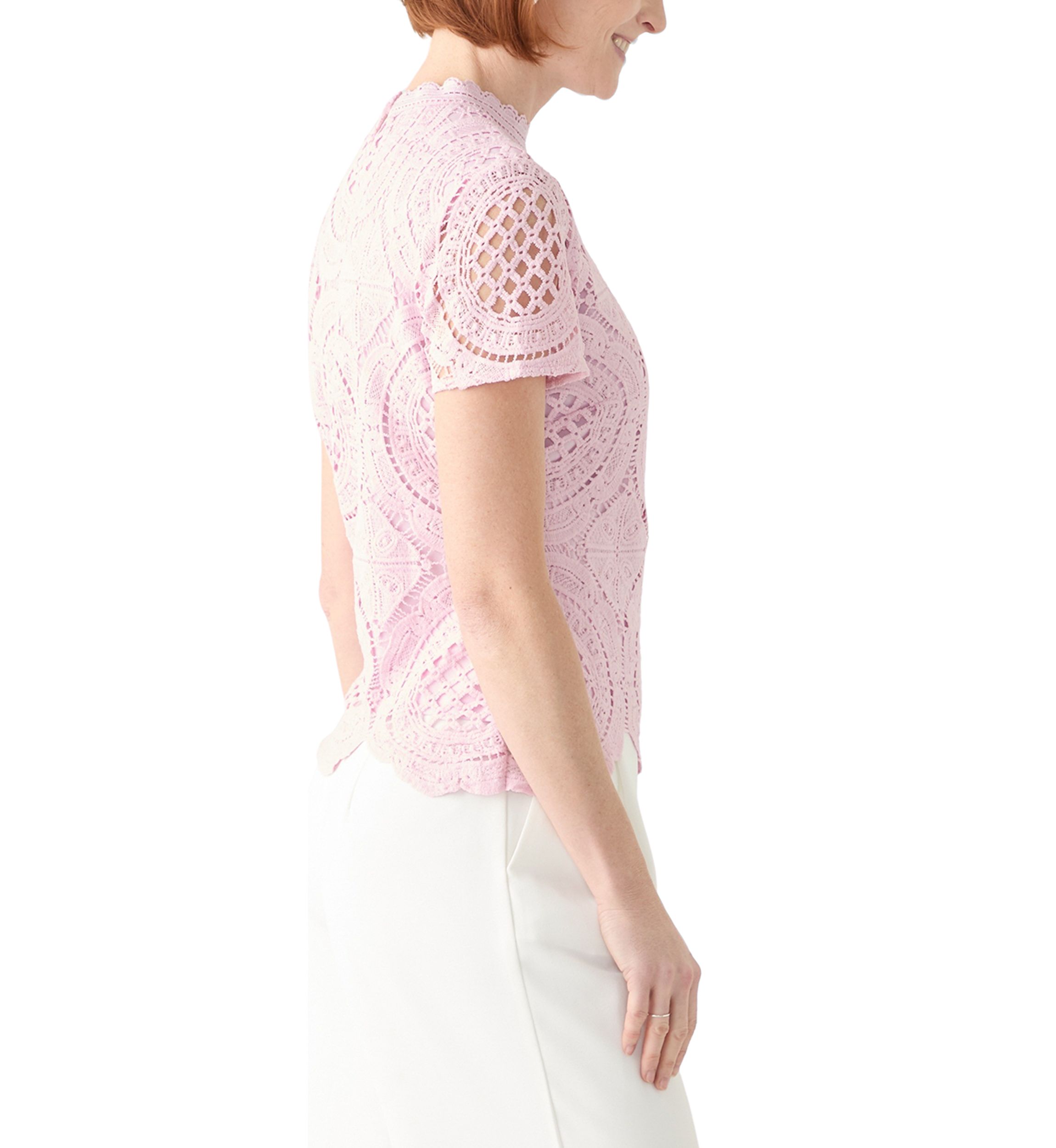 Womens Short Sleeve Mock Neck Crochet Top 