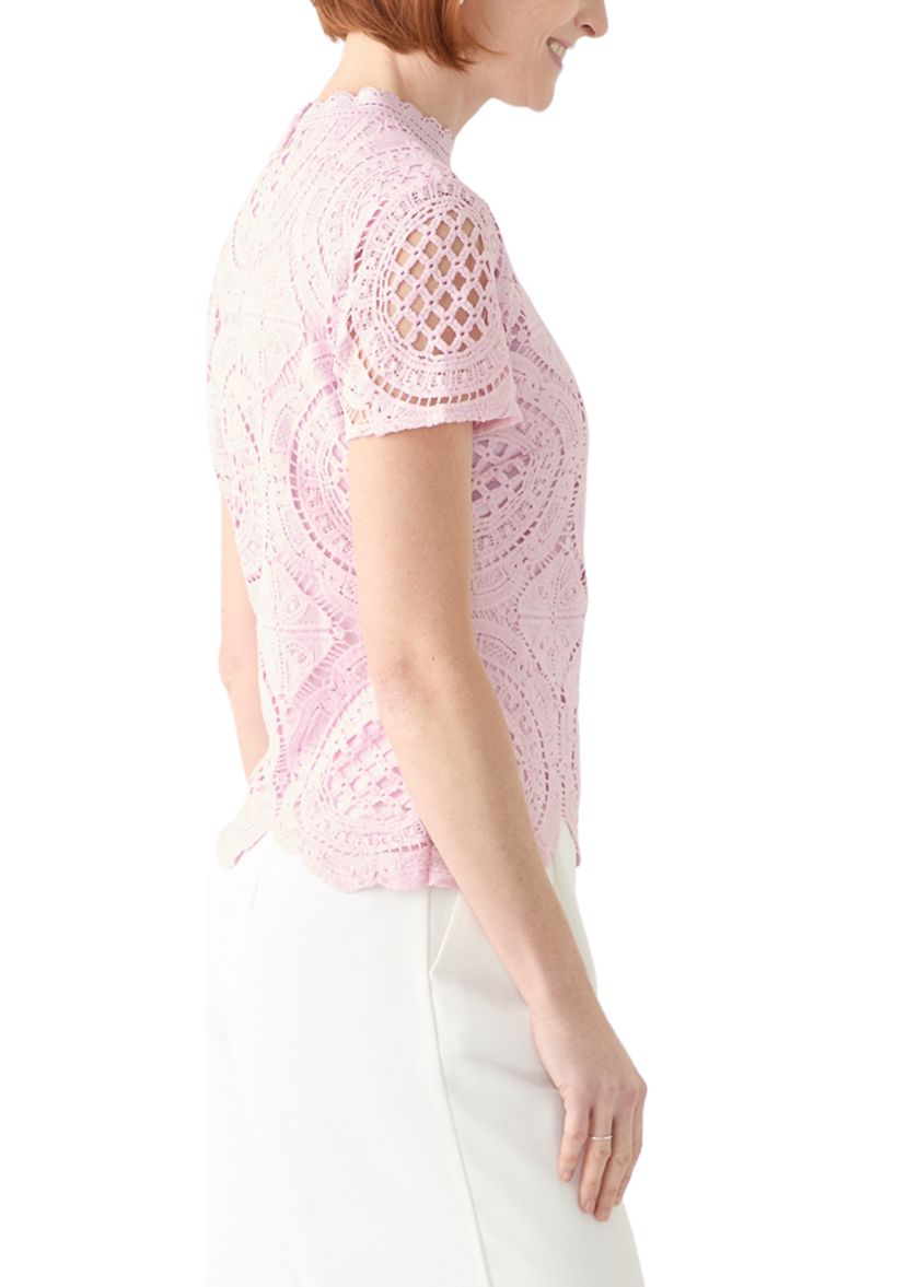 Womens Short Sleeve Mock Neck Crochet Top 