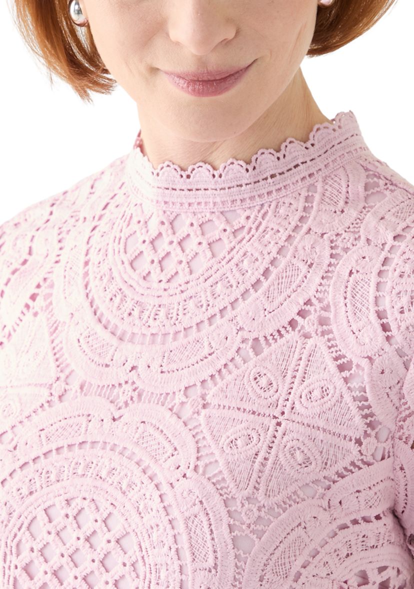 Womens Short Sleeve Mock Neck Crochet Top 