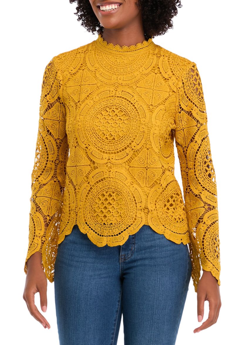 Womens Long Sleeve Eyelet Top