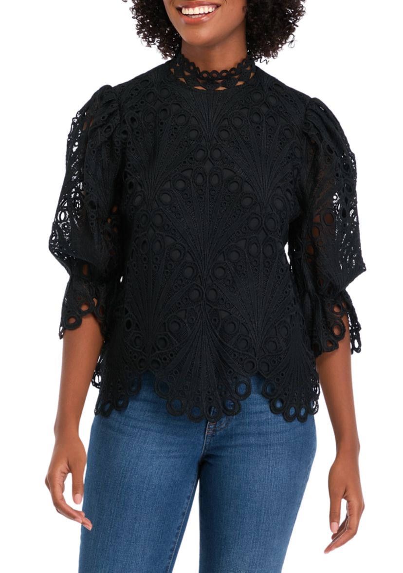 Womens 3/4 Puff Sleeve Mock Neck Eyelet Top 