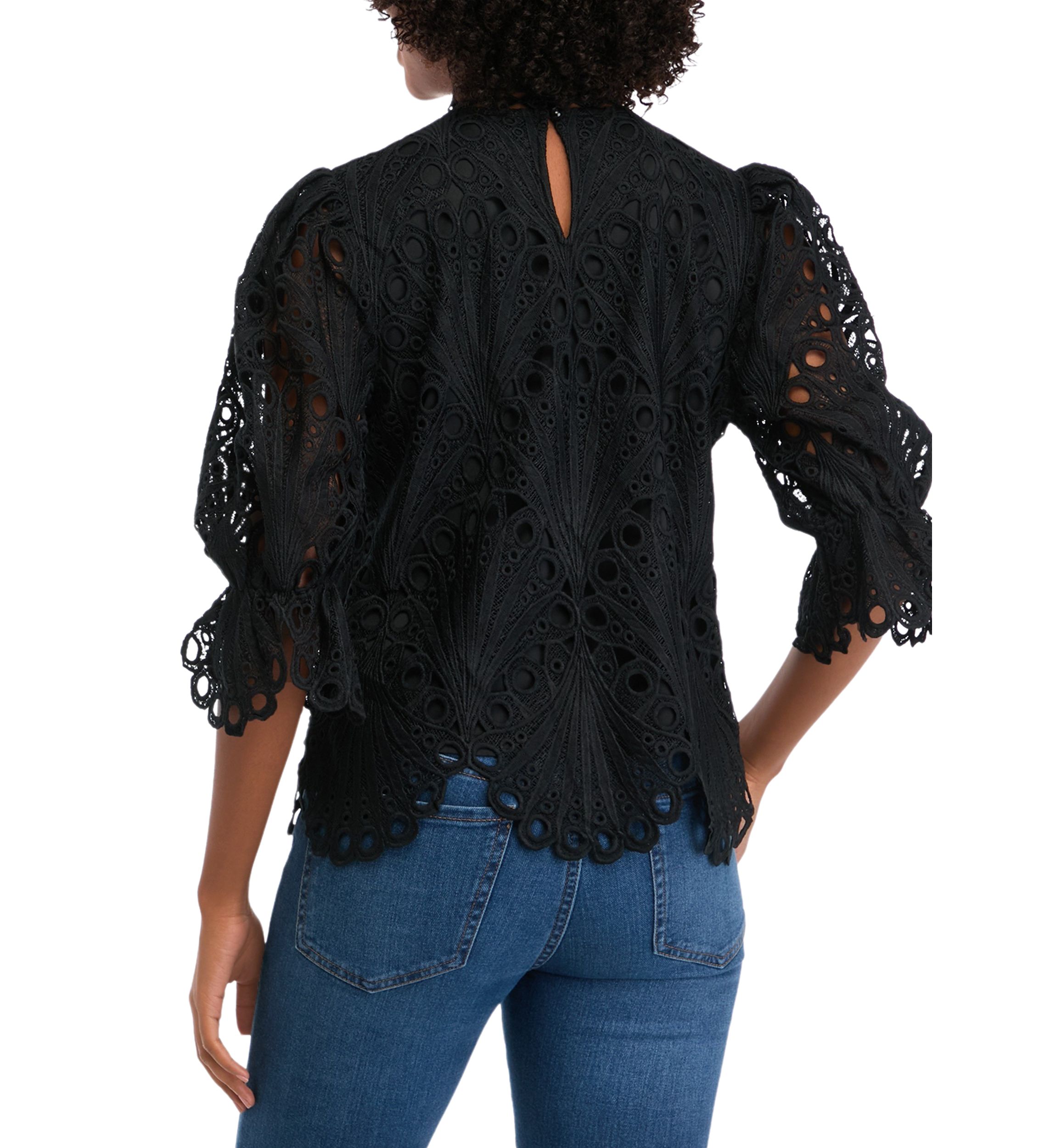 Womens 3/4 Puff Sleeve Mock Neck Eyelet Top 