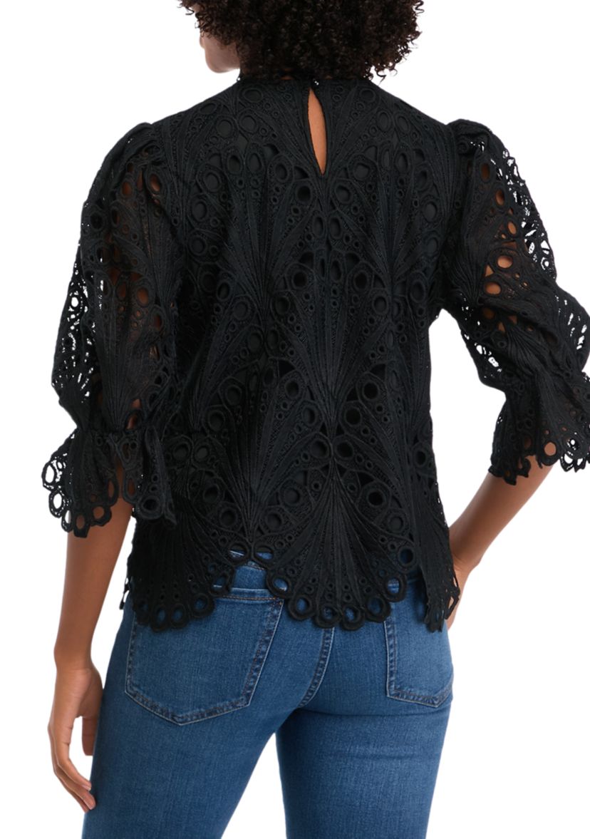 Womens 3/4 Puff Sleeve Mock Neck Eyelet Top 