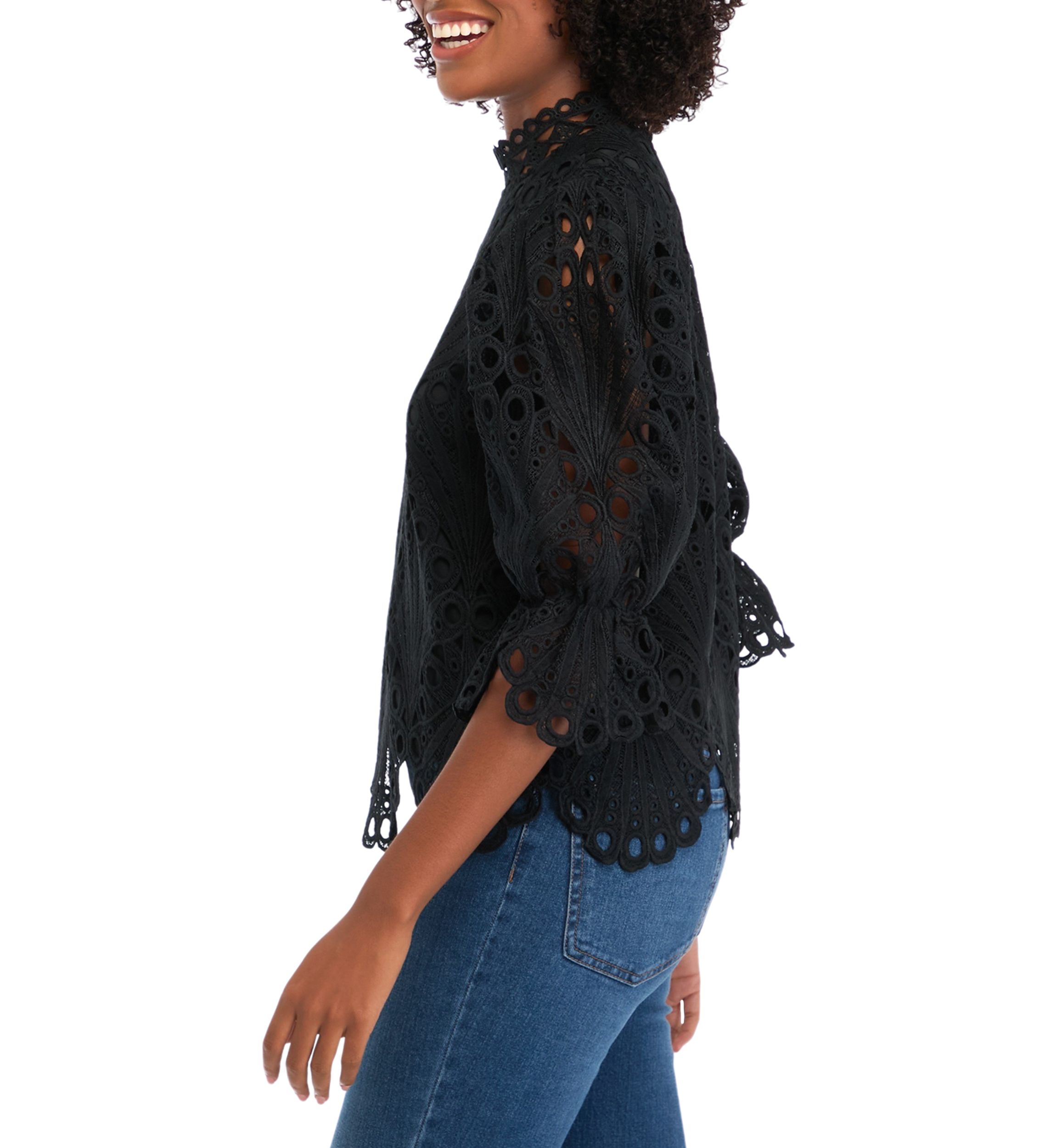 Womens 3/4 Puff Sleeve Mock Neck Eyelet Top 