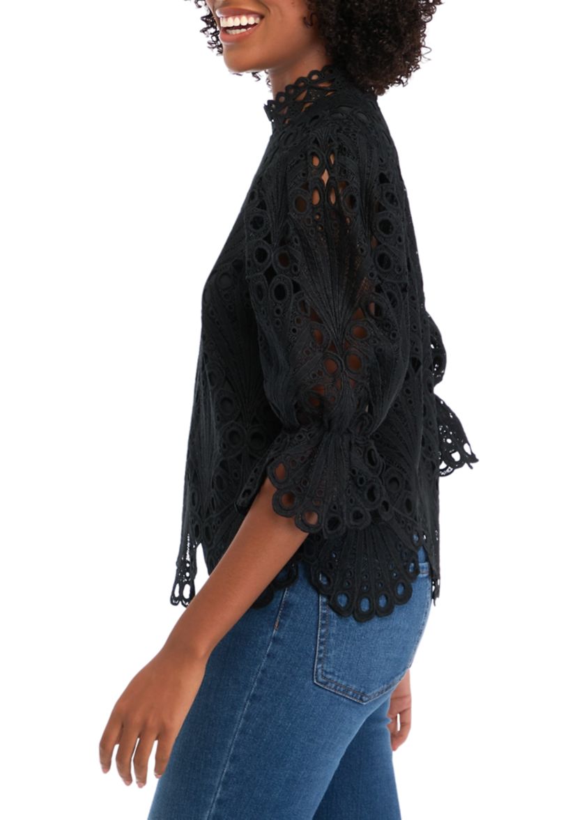 Womens 3/4 Puff Sleeve Mock Neck Eyelet Top 