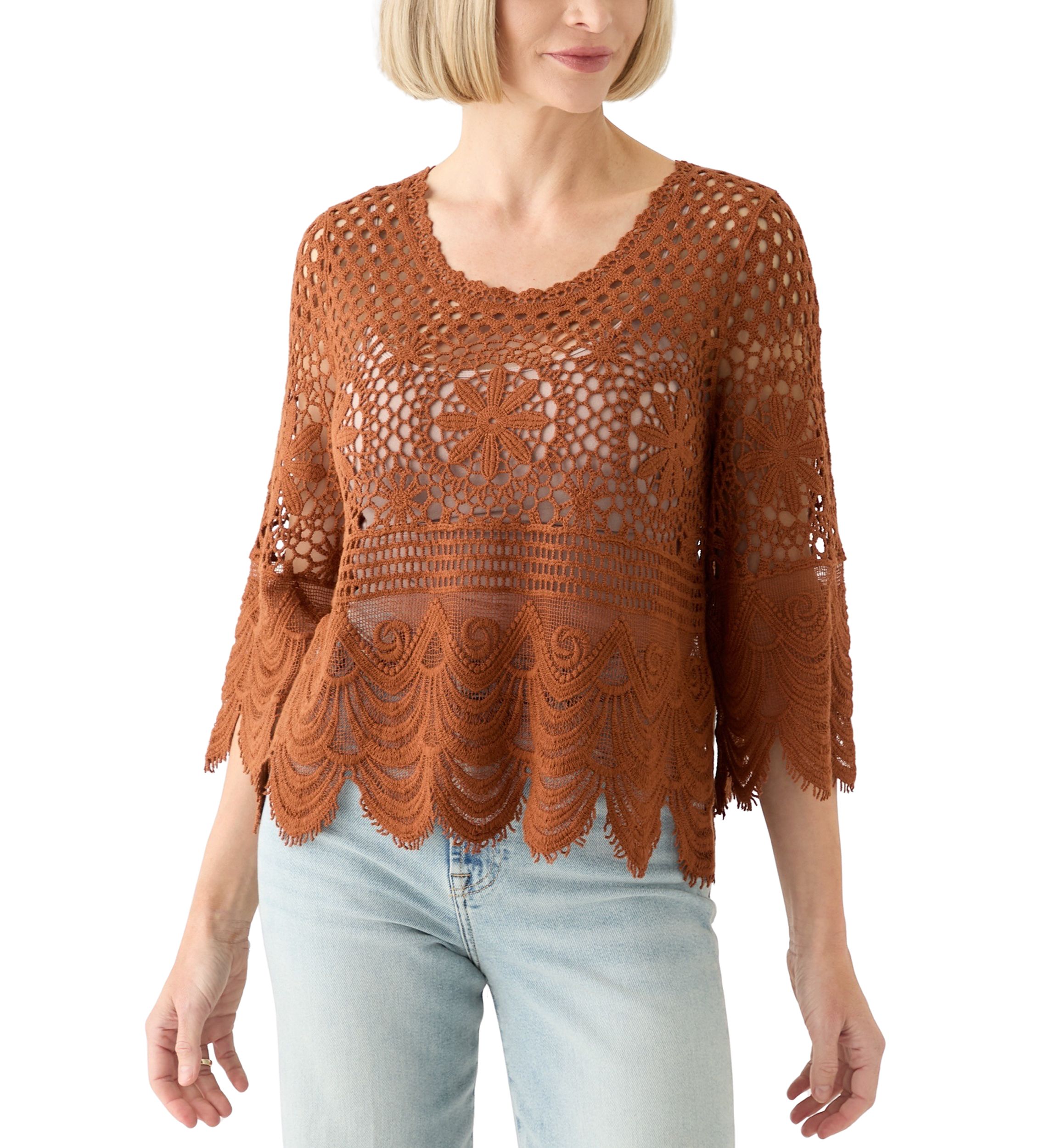 Womens 3/4 Sleeve Crochet Knit Sweater