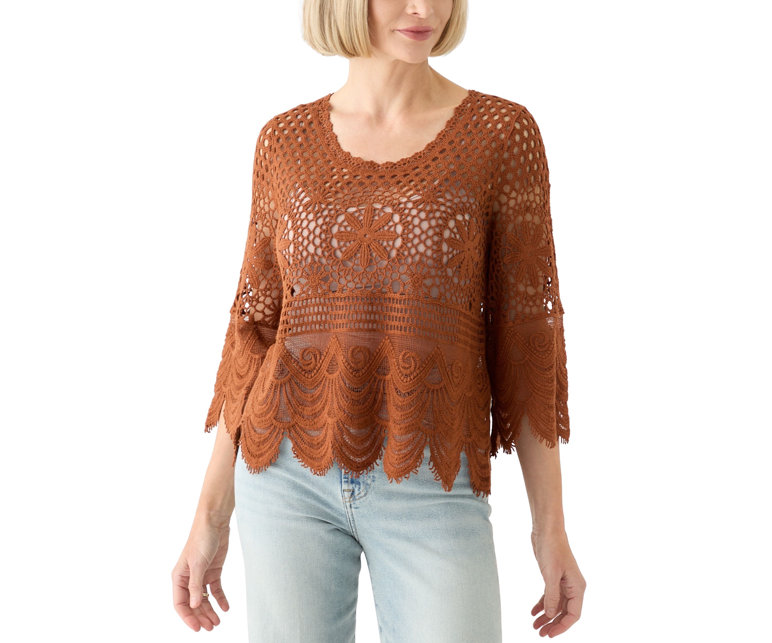 Womens 3/4 Sleeve Crochet Knit Sweater