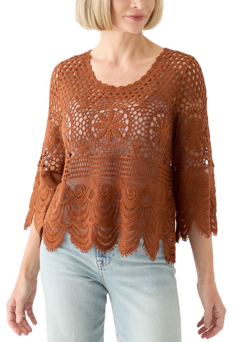 Womens 3/4 Sleeve Crochet Knit Sweater