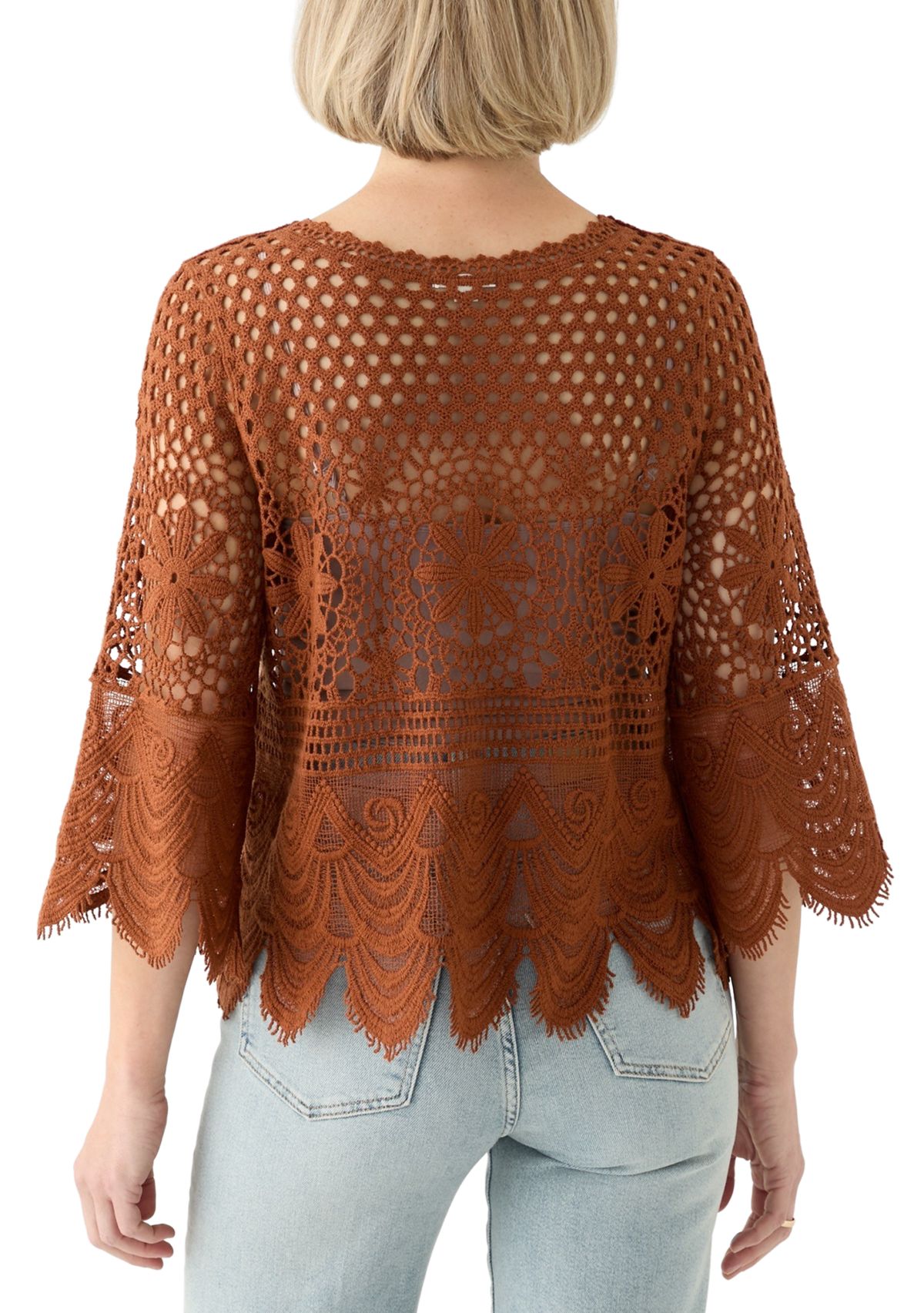 Womens 3/4 Sleeve Crochet Knit Sweater