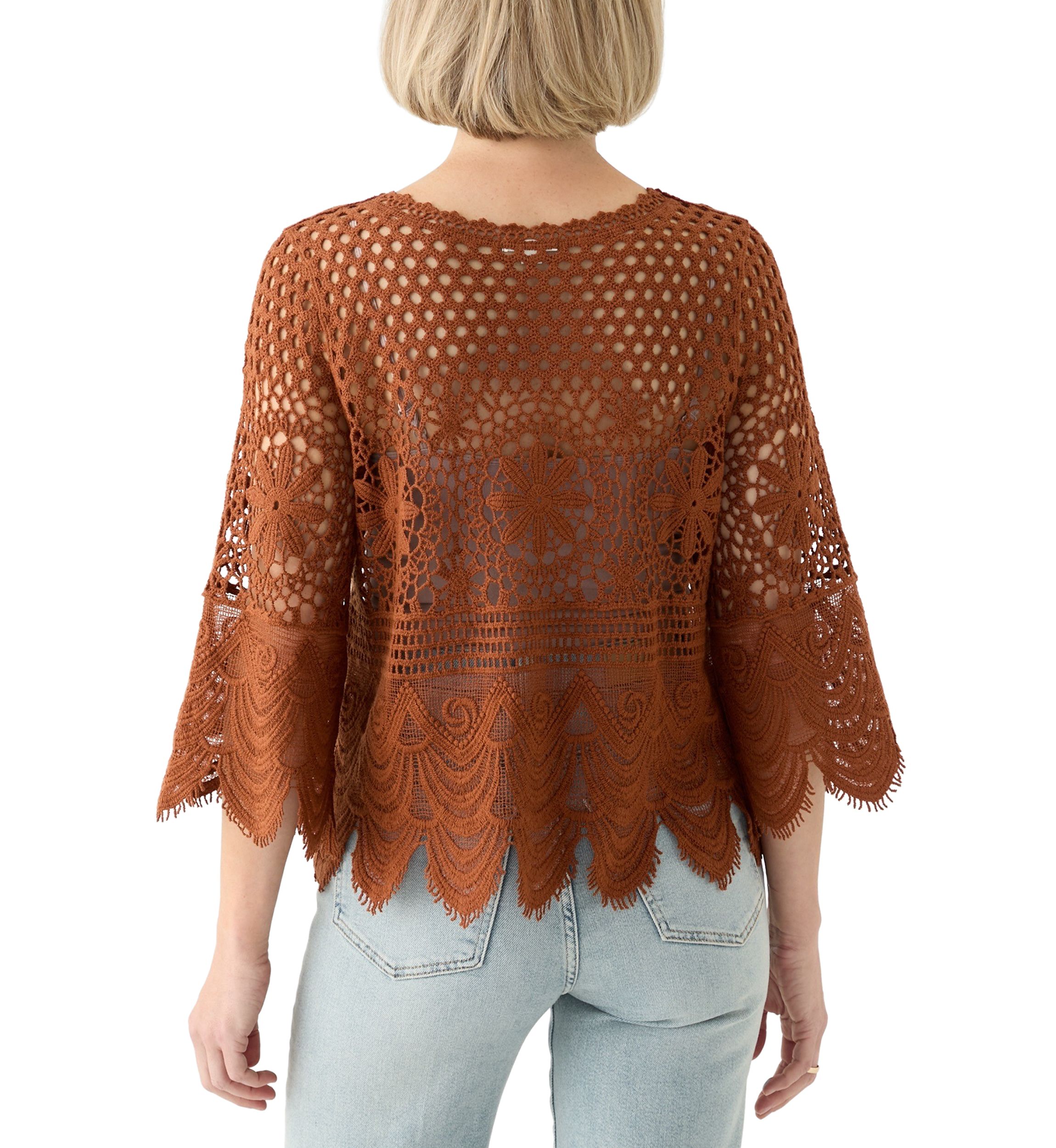 Womens 3/4 Sleeve Crochet Knit Sweater