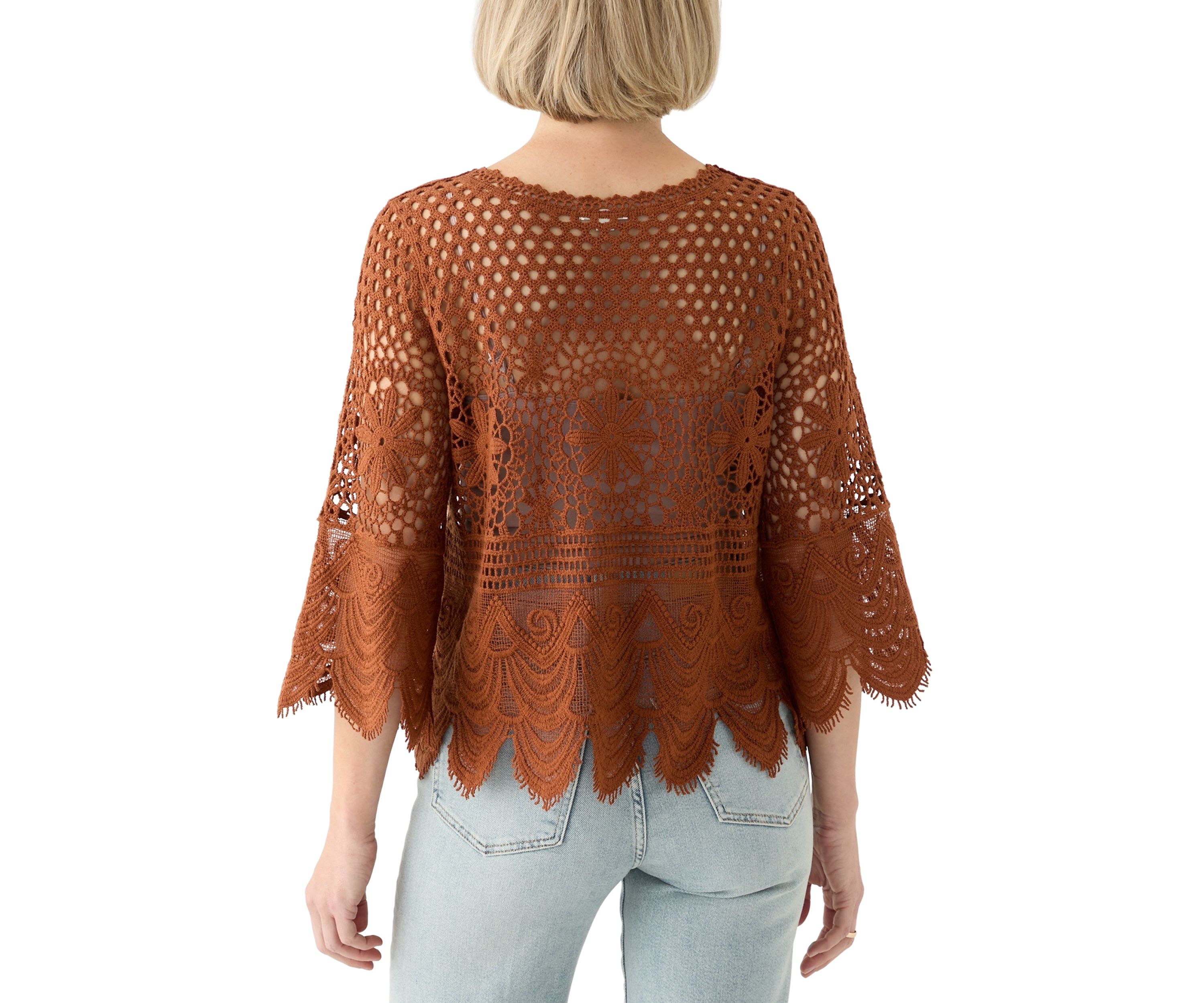 Womens 3/4 Sleeve Crochet Knit Sweater