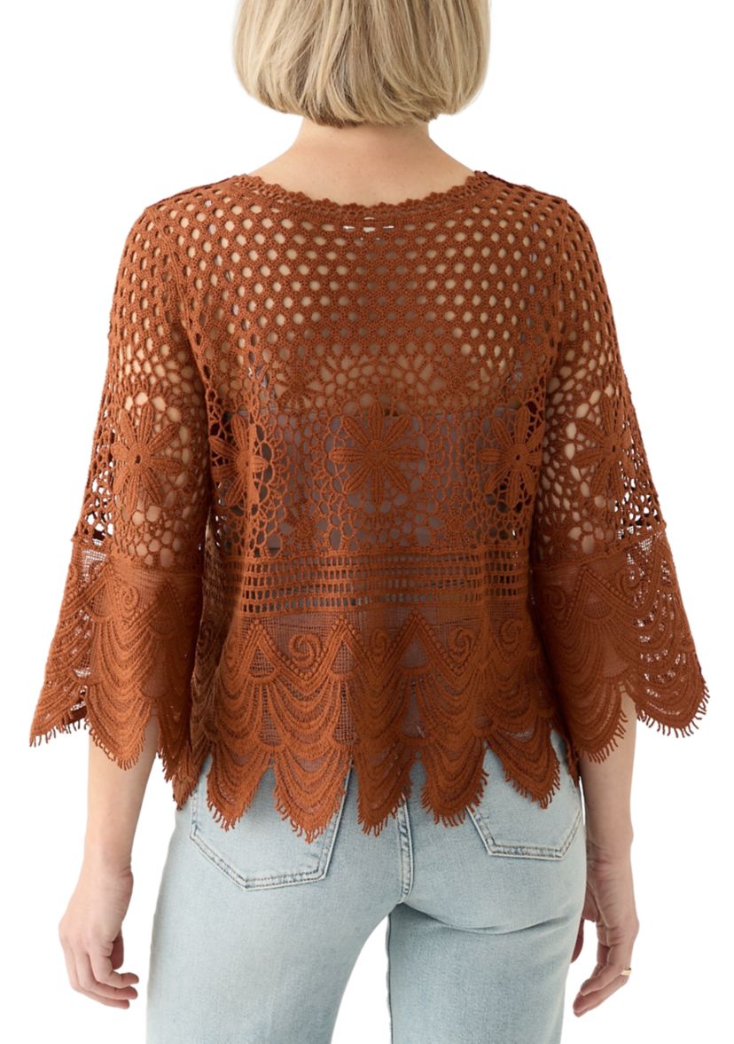 Womens 3/4 Sleeve Crochet Knit Sweater