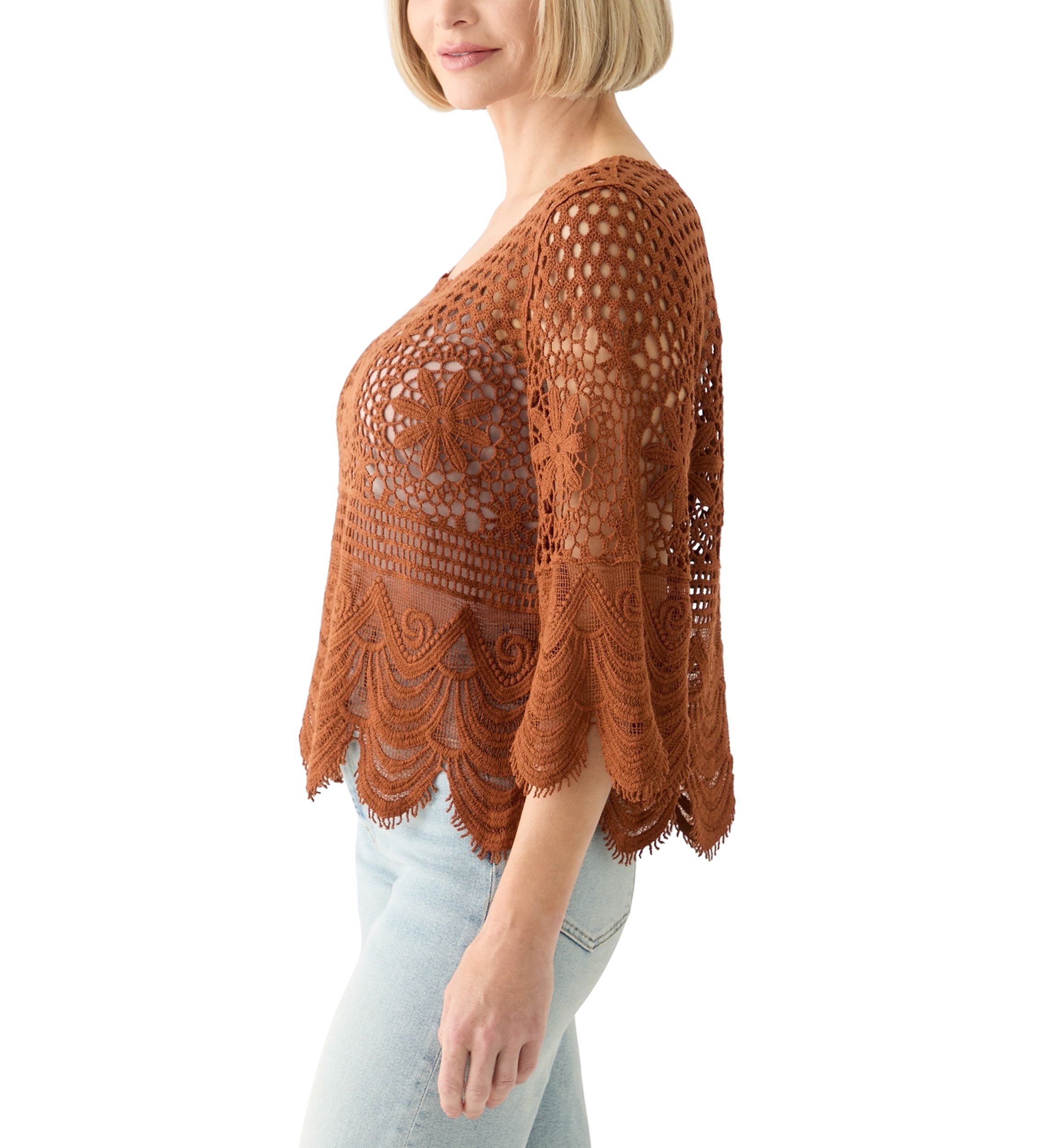 Womens 3/4 Sleeve Crochet Knit Sweater