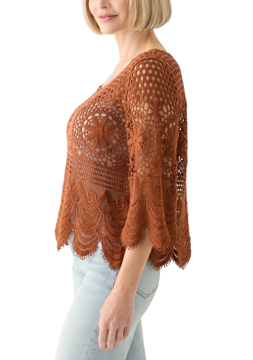 Womens 3/4 Sleeve Crochet Knit Sweater