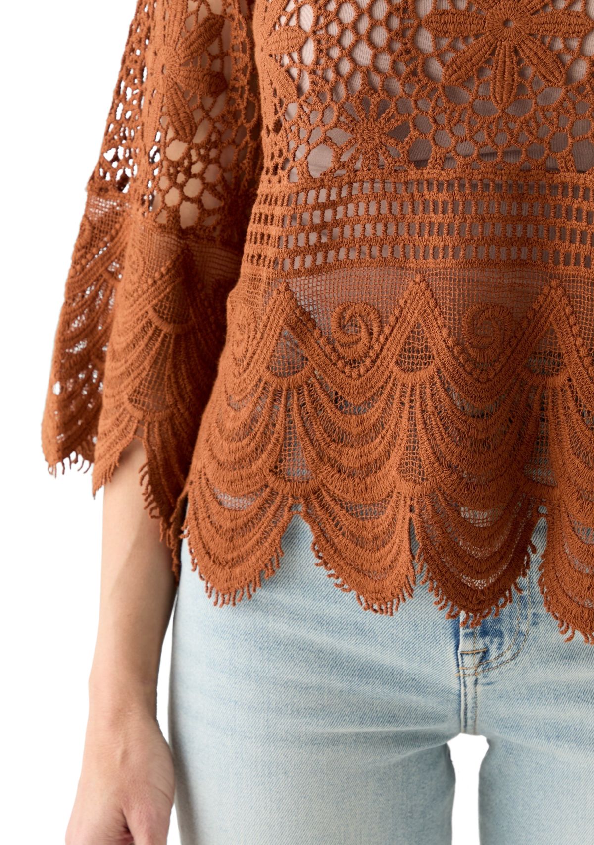 Womens 3/4 Sleeve Crochet Knit Sweater