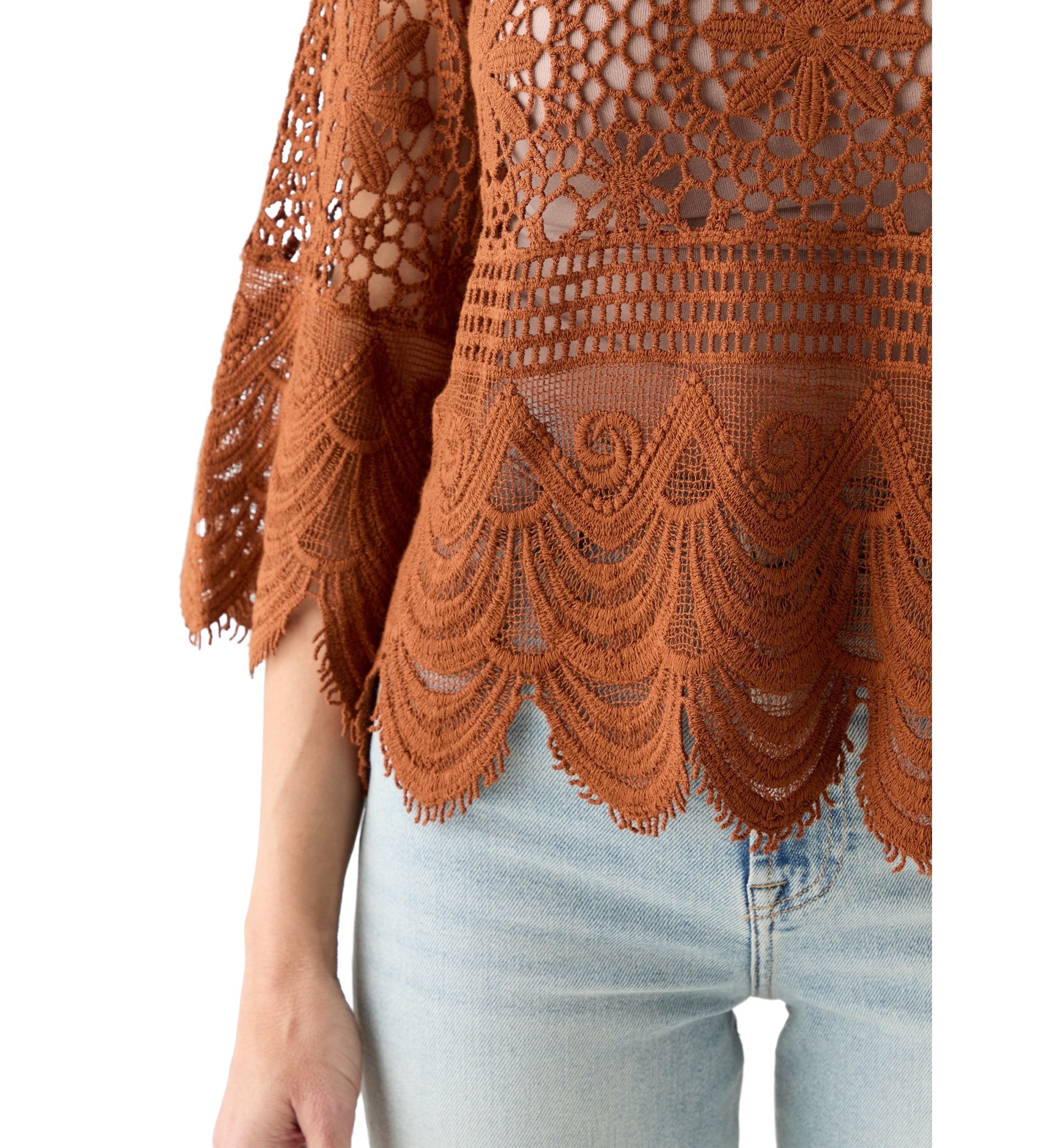 Womens 3/4 Sleeve Crochet Knit Sweater