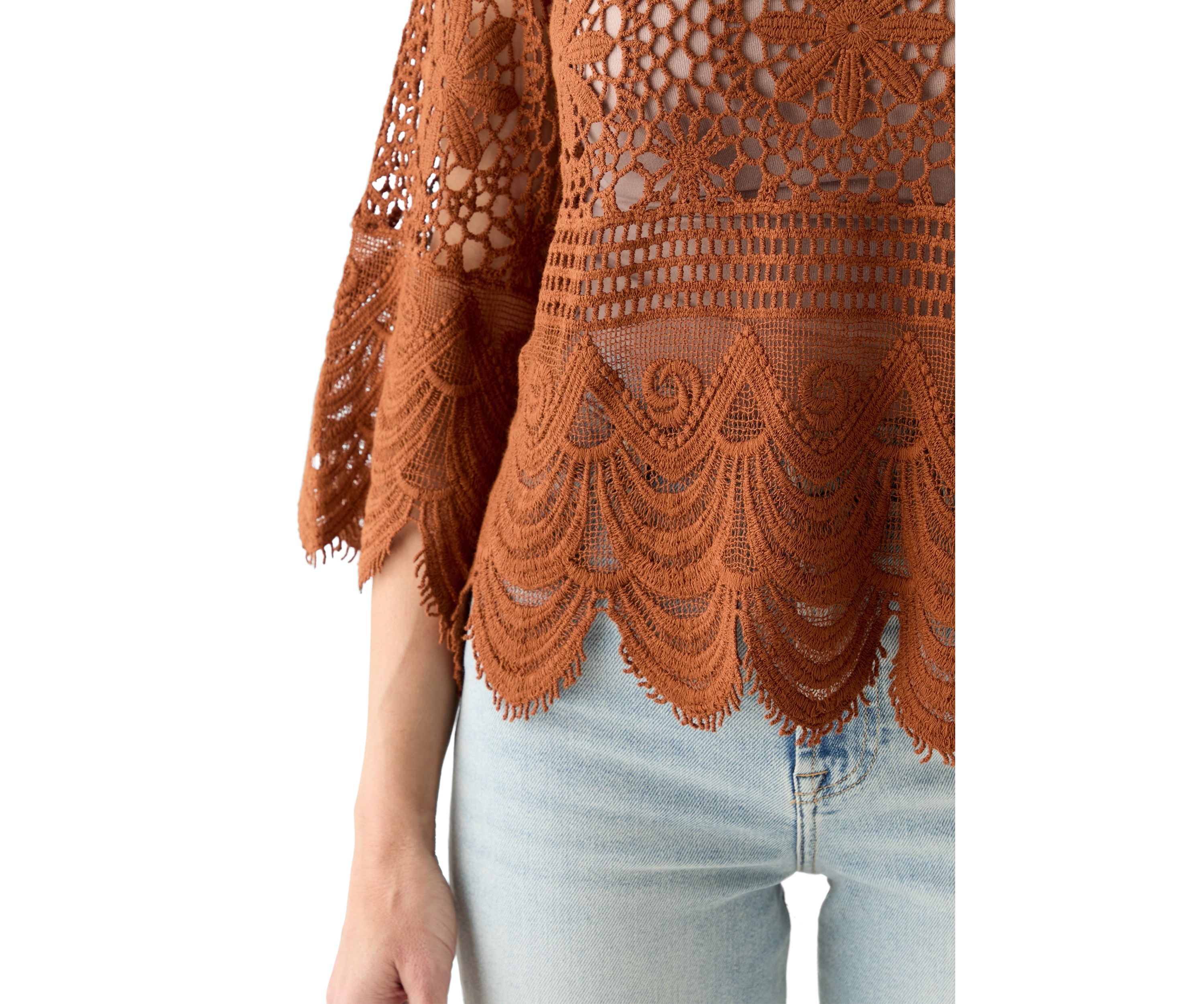 Womens 3/4 Sleeve Crochet Knit Sweater