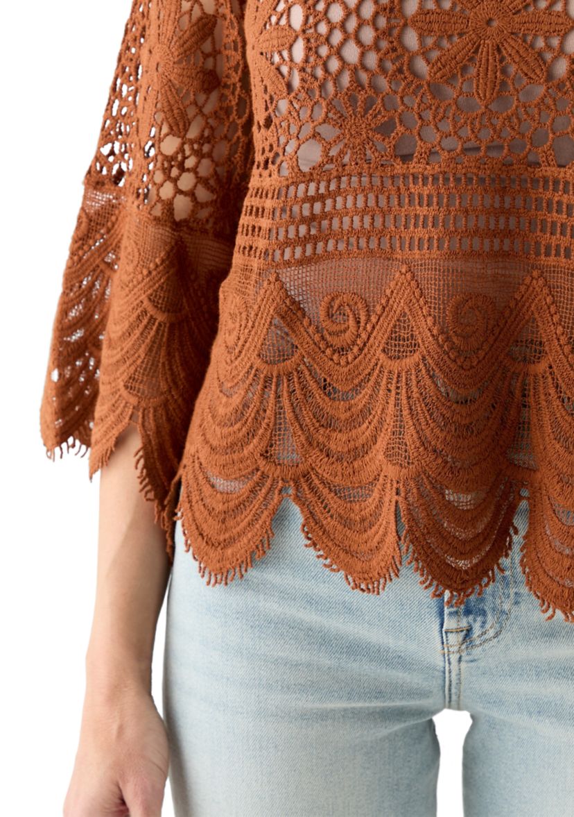 Womens 3/4 Sleeve Crochet Knit Sweater