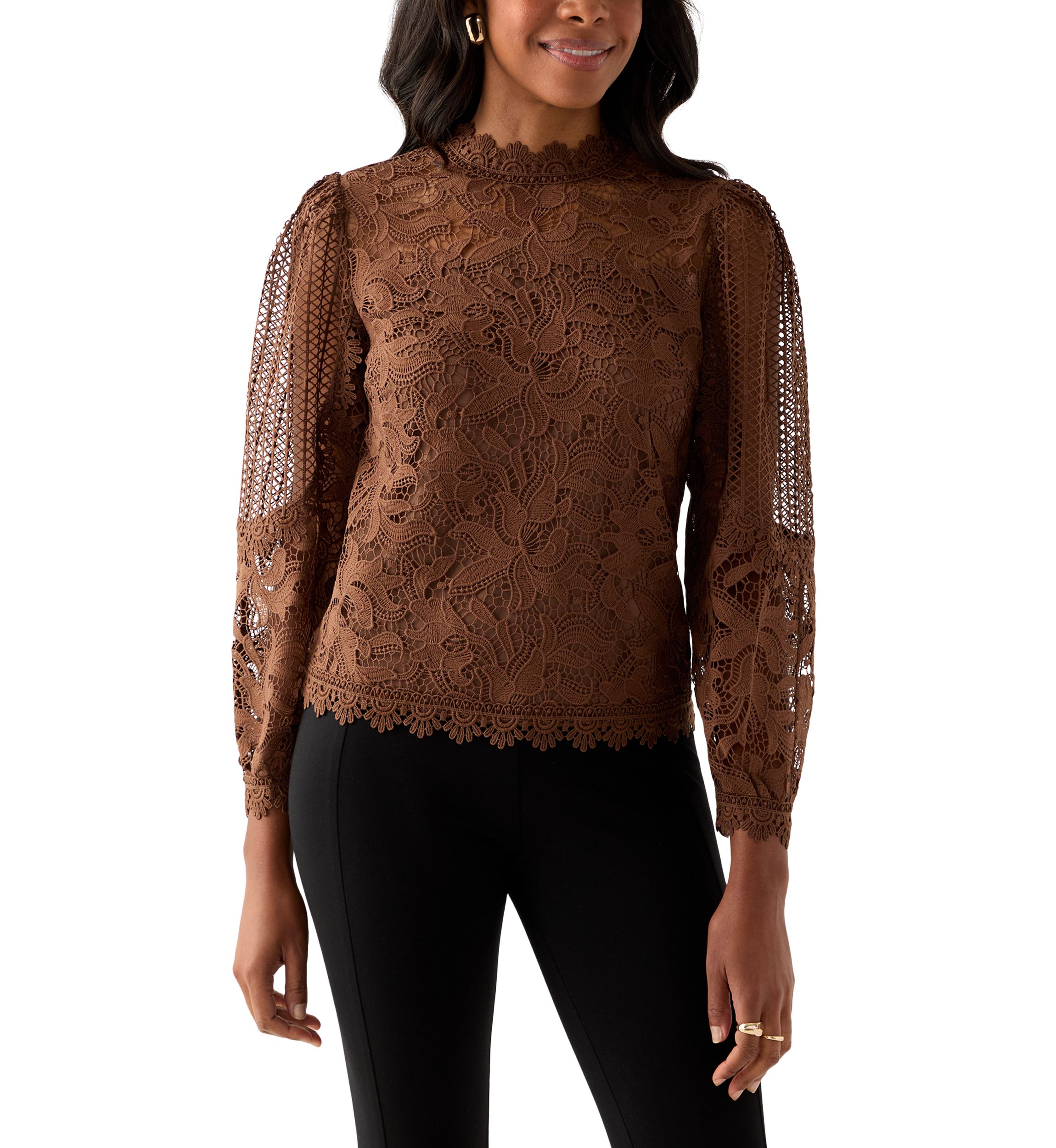 Womens Long Sleeve Floral Crochet Mock Neck Blouse