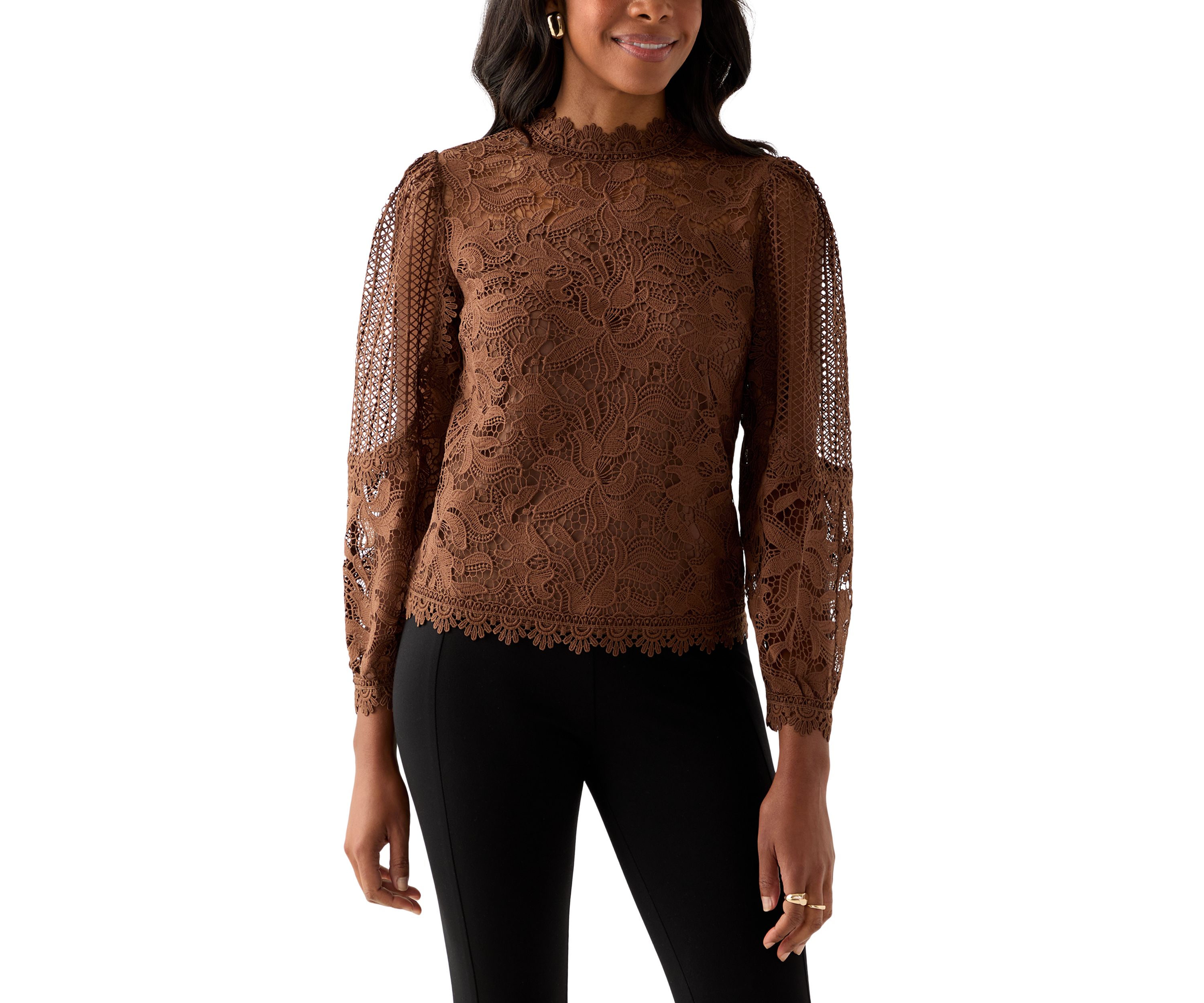 Womens Long Sleeve Floral Crochet Mock Neck Blouse
